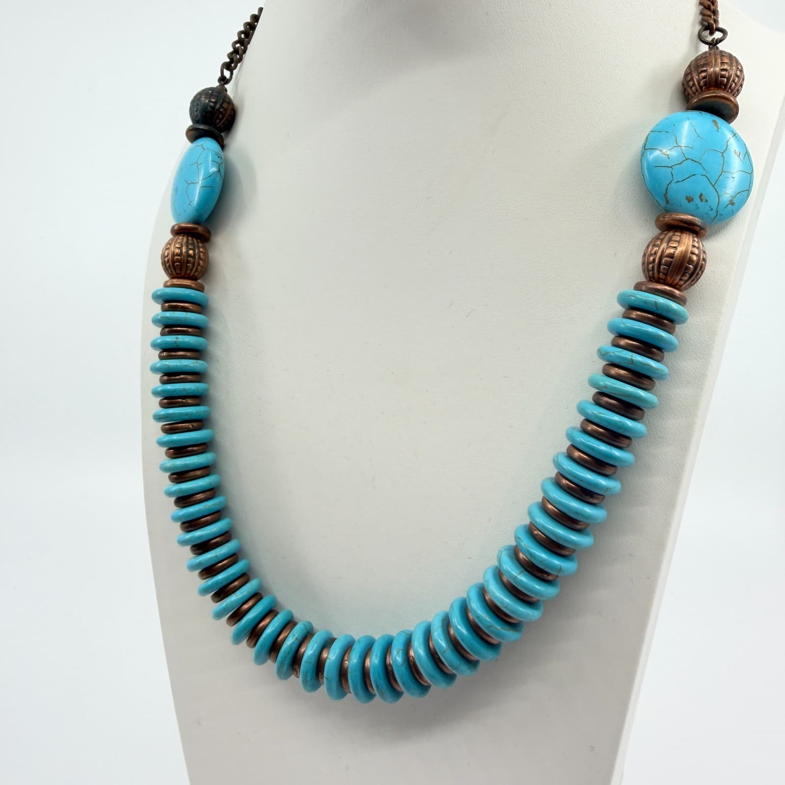Vintage Copper Tone Bead Strand Necklace Faux Turquoise Disc Spacer Chunky Boho - Thumbnail 4