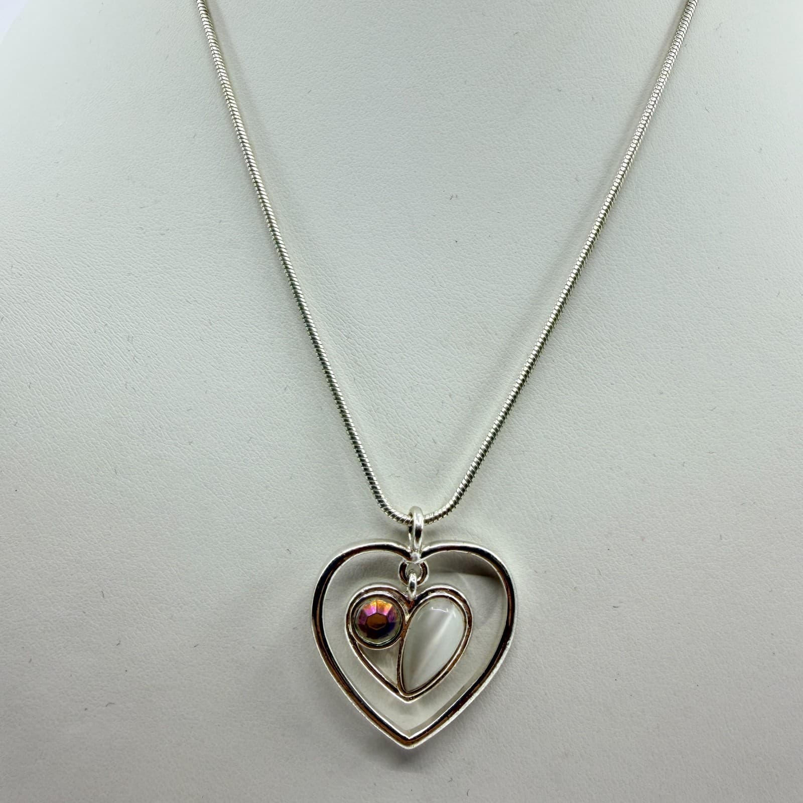 Vintage Silver Tone Snake Chain Necklace Double Heart Pendant AB Rhinestone Y2K - Thumbnail 2
