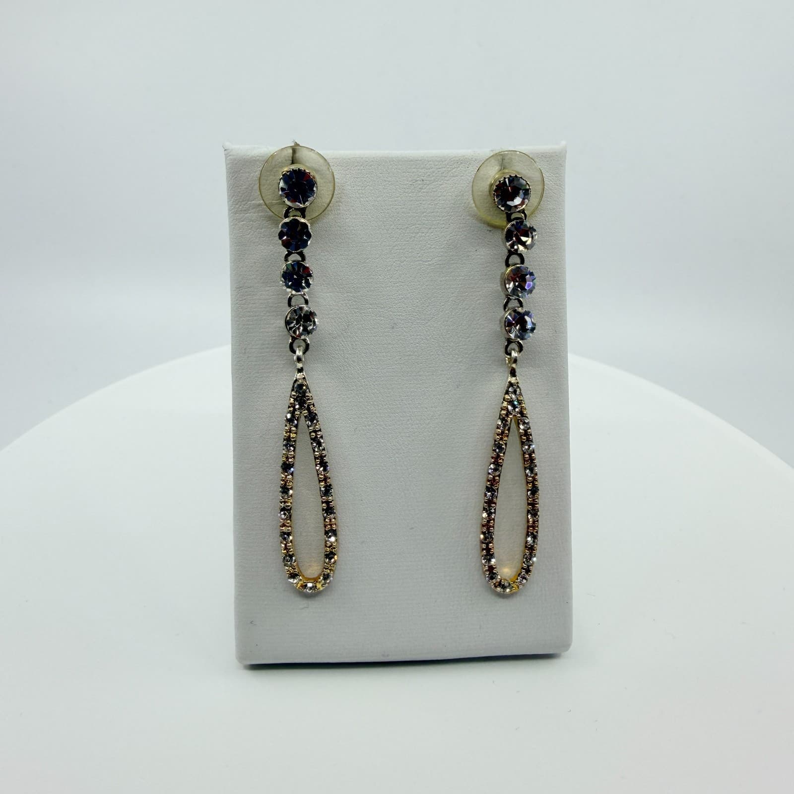 Vintage Gold Tone Dangle Earrings AB Rhinestone Teardrop Open Hoop Statement Y2K - Thumbnail 6