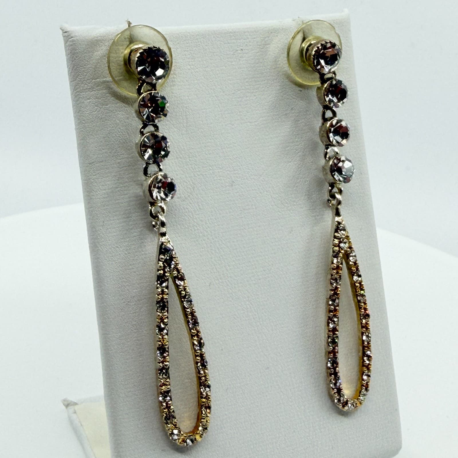 Vintage Gold Tone Dangle Earrings AB Rhinestone Teardrop Open Hoop Statement Y2K - Thumbnail 5