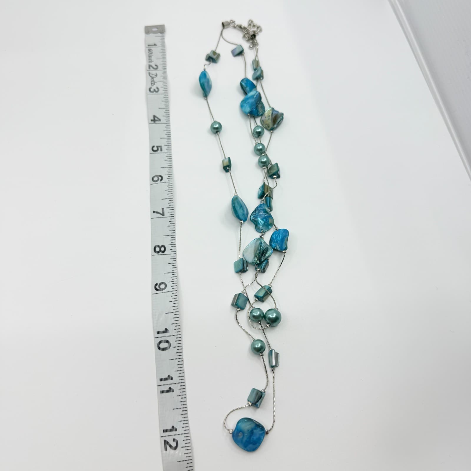 Vintage Silver Tone Long Layered Necklace Teal Blue Green Faux Shell Bead Boho - Thumbnail 9