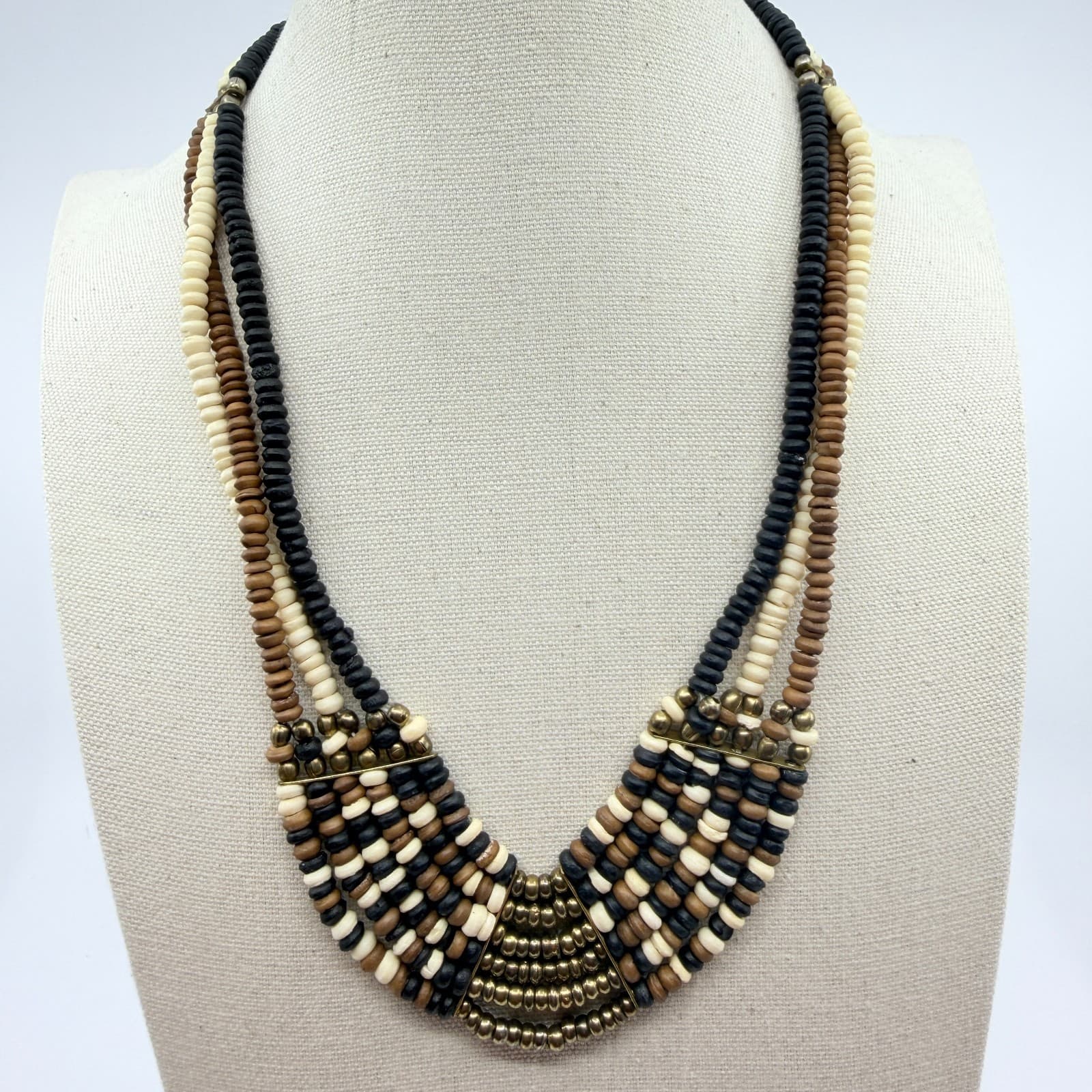 Vintage Brass Tone Multi Strand Beaded Choker Bib Necklace Black Cream Gold Boho - Thumbnail 8