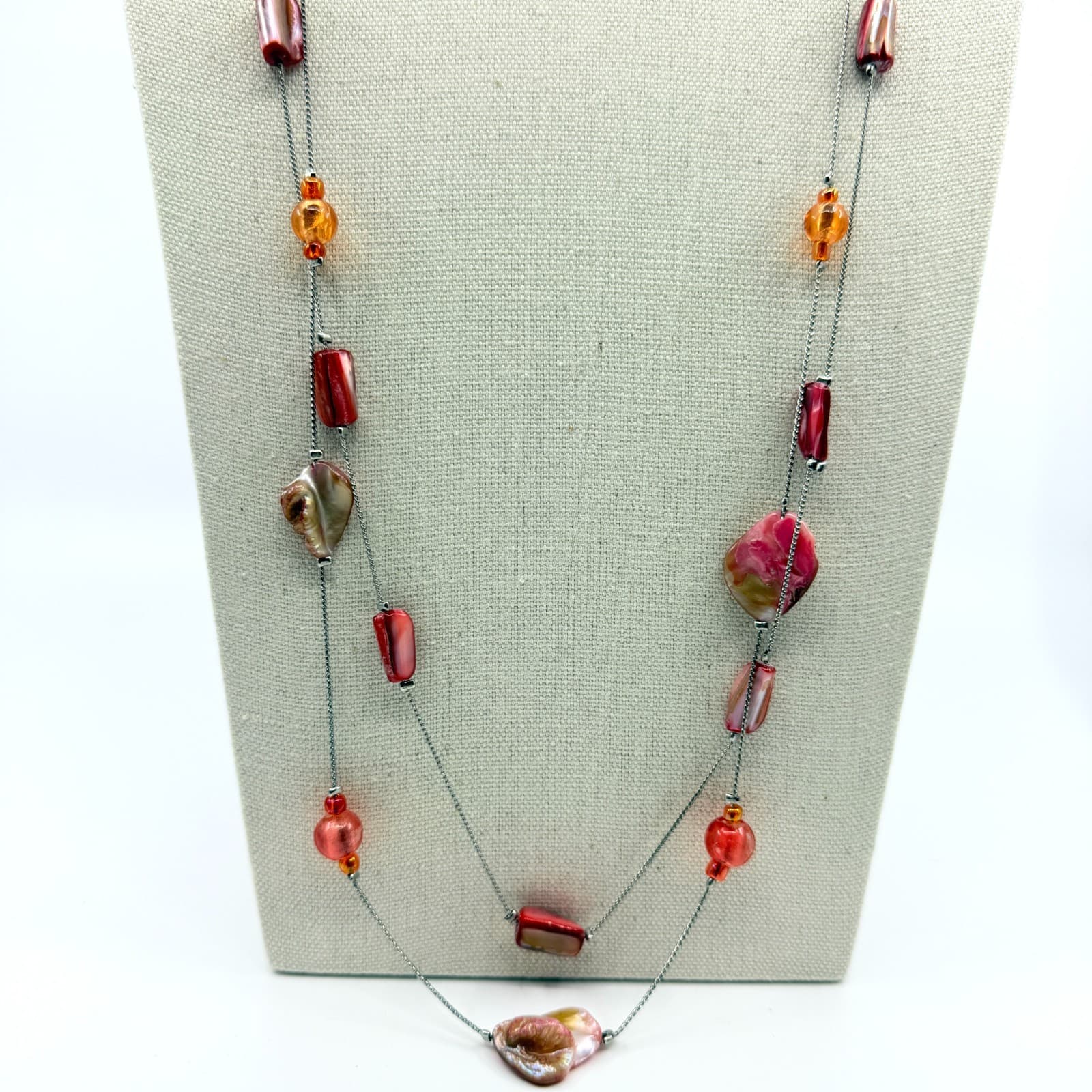 Vintage Silver Tone Long Layered Necklace Pink Red Orange Faux Shell Bead Boho
