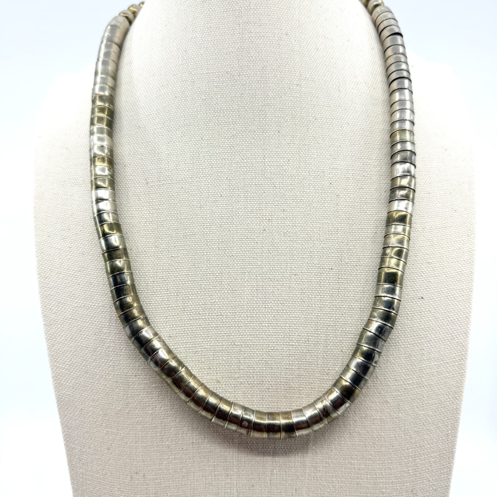 Vintage Silver Tone Omega Collar Necklace Chunky Segmented Block Tube Chain 90s
