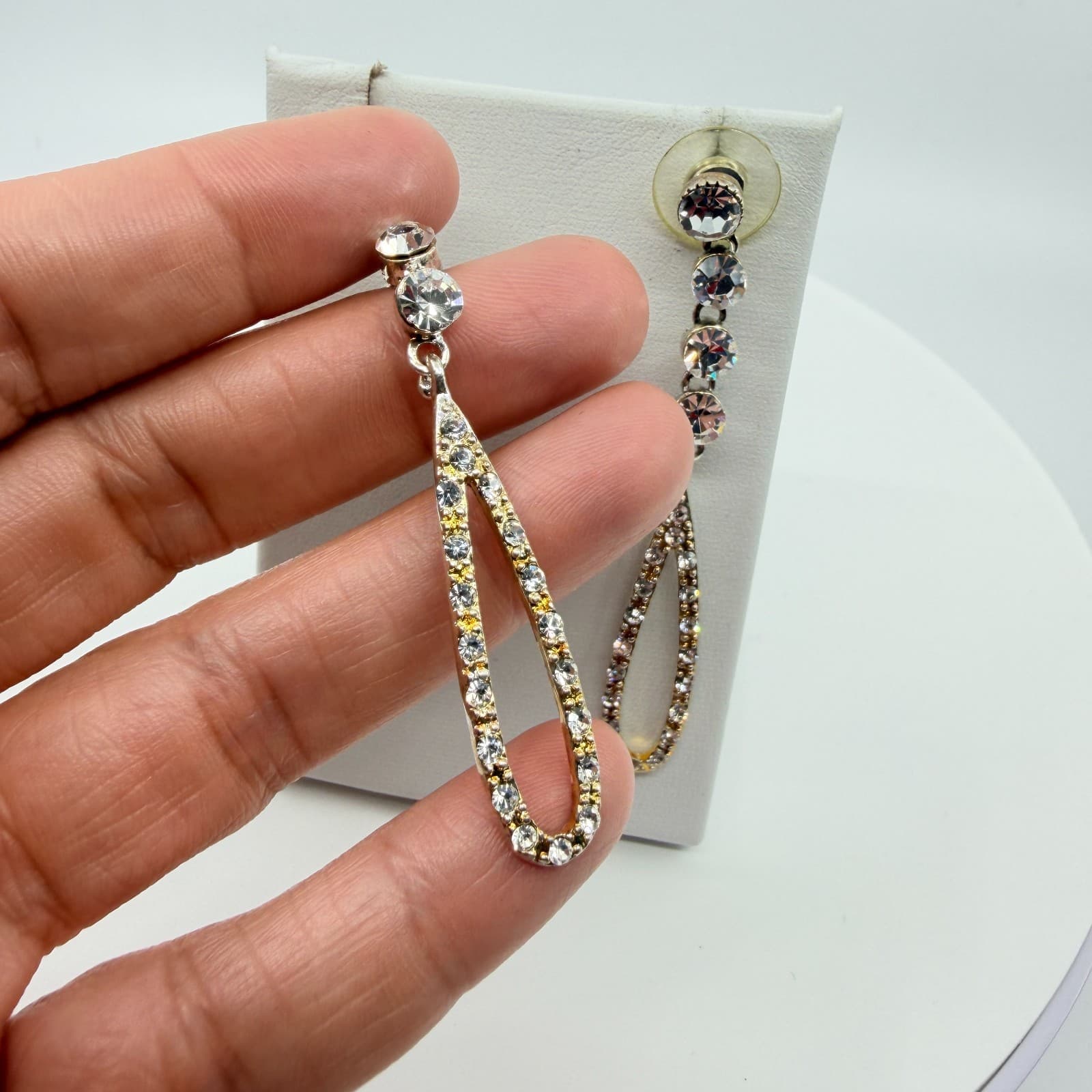 Vintage Gold Tone Dangle Earrings AB Rhinestone Teardrop Open Hoop Statement Y2K - Thumbnail 7