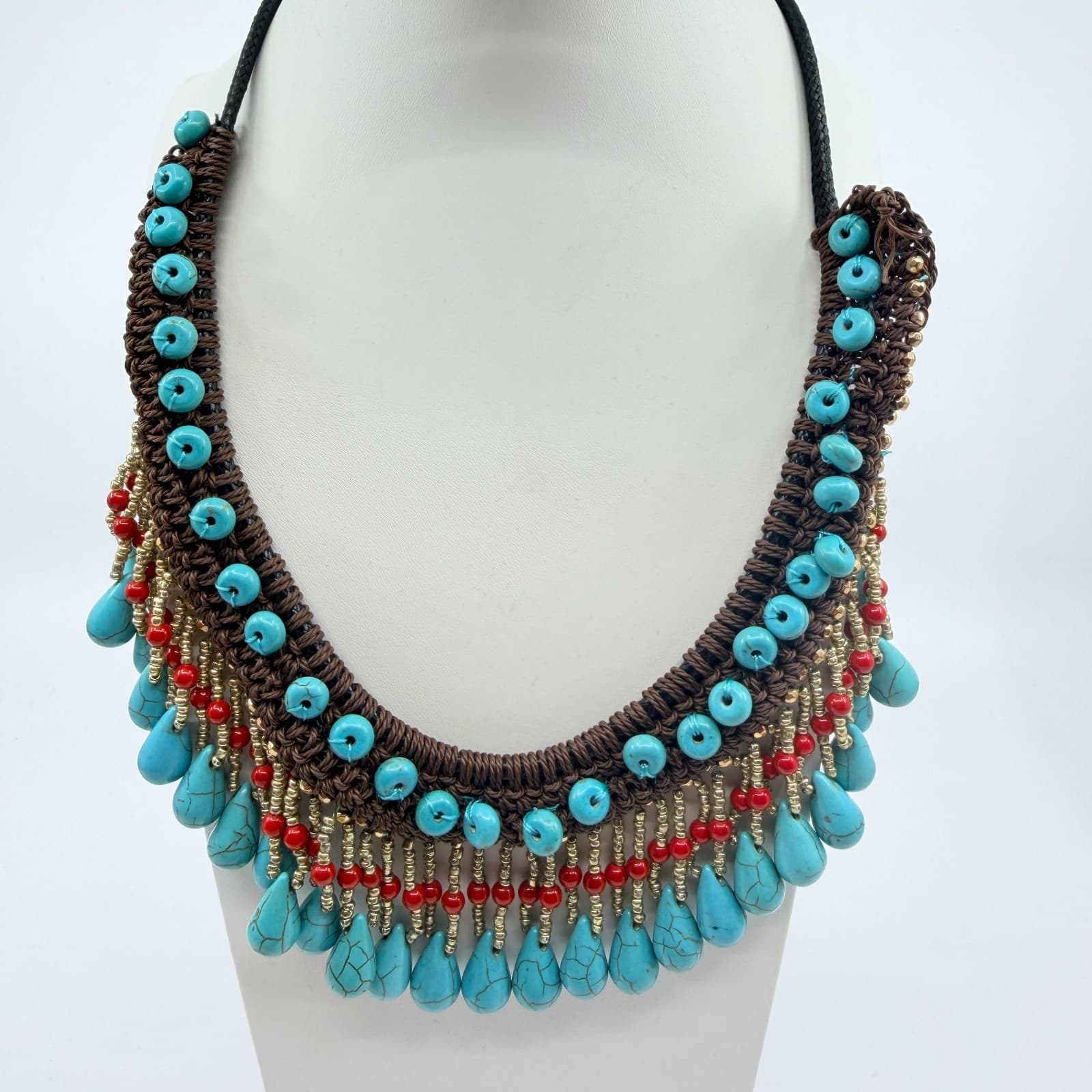 Vintage Faux Turquoise Bib Necklace Brown Macrame Cord Red Bead Fringe Boho 90s - Thumbnail 8
