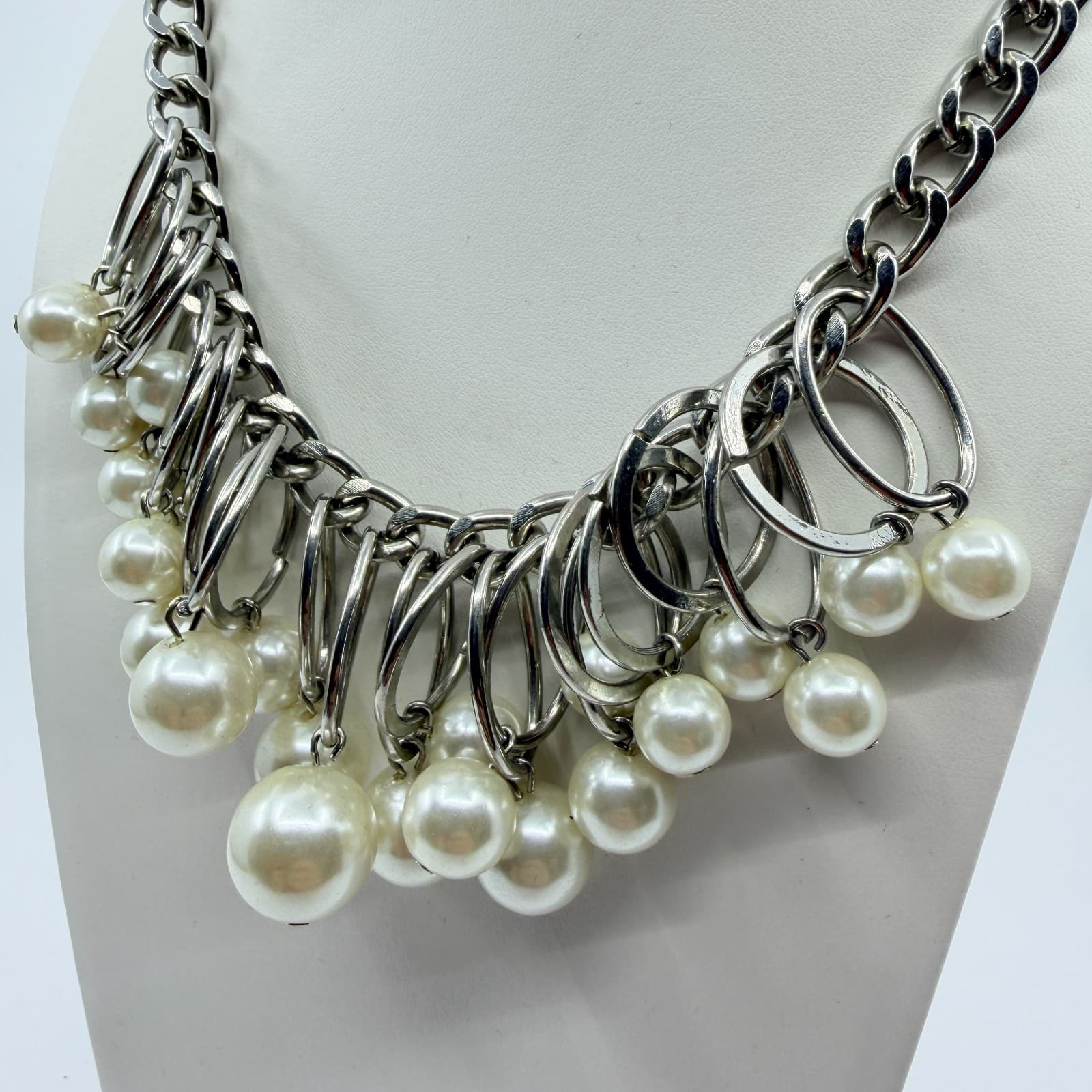 Vintage Silver Tone Chunky Curb Chain Necklace Faux Pearl Hoop Fringe Bib Boho - Thumbnail 5