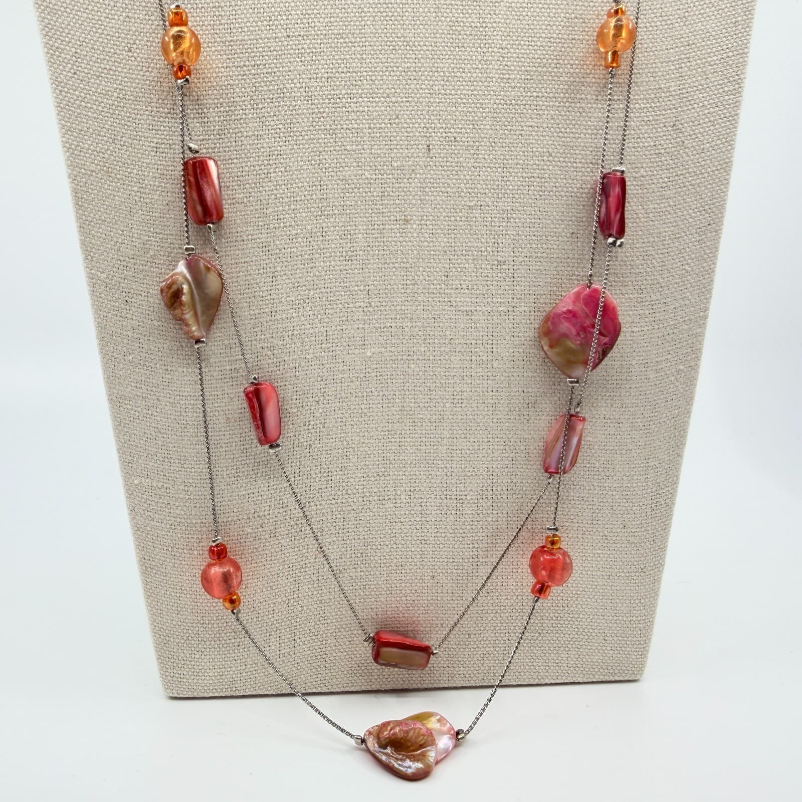 Vintage Silver Tone Long Layered Necklace Pink Red Orange Faux Shell Bead Boho - Thumbnail 2