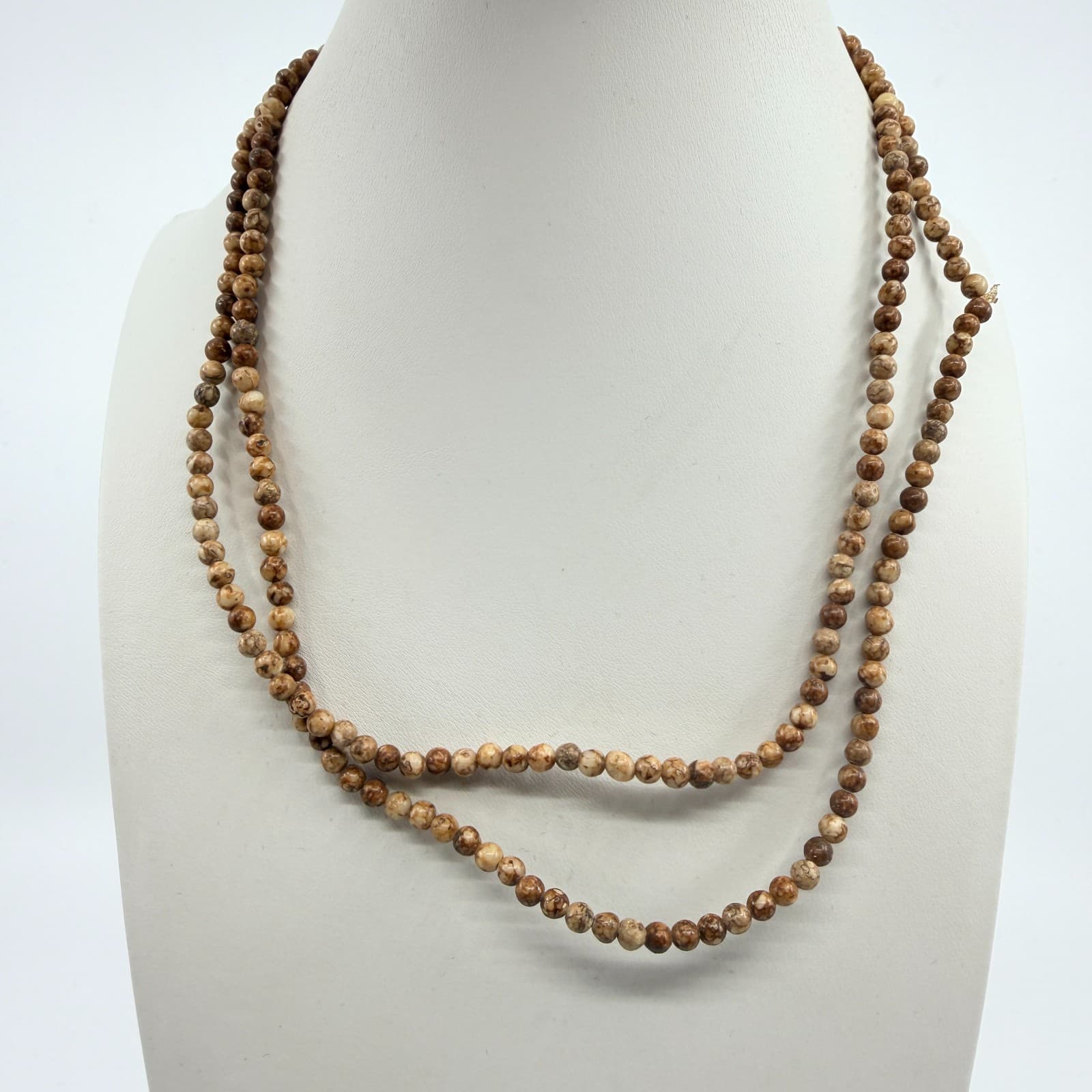 Vintage Brown Marbled Earth Tone Bead Strand Necklace Long Layered Retro Boho - Thumbnail 2