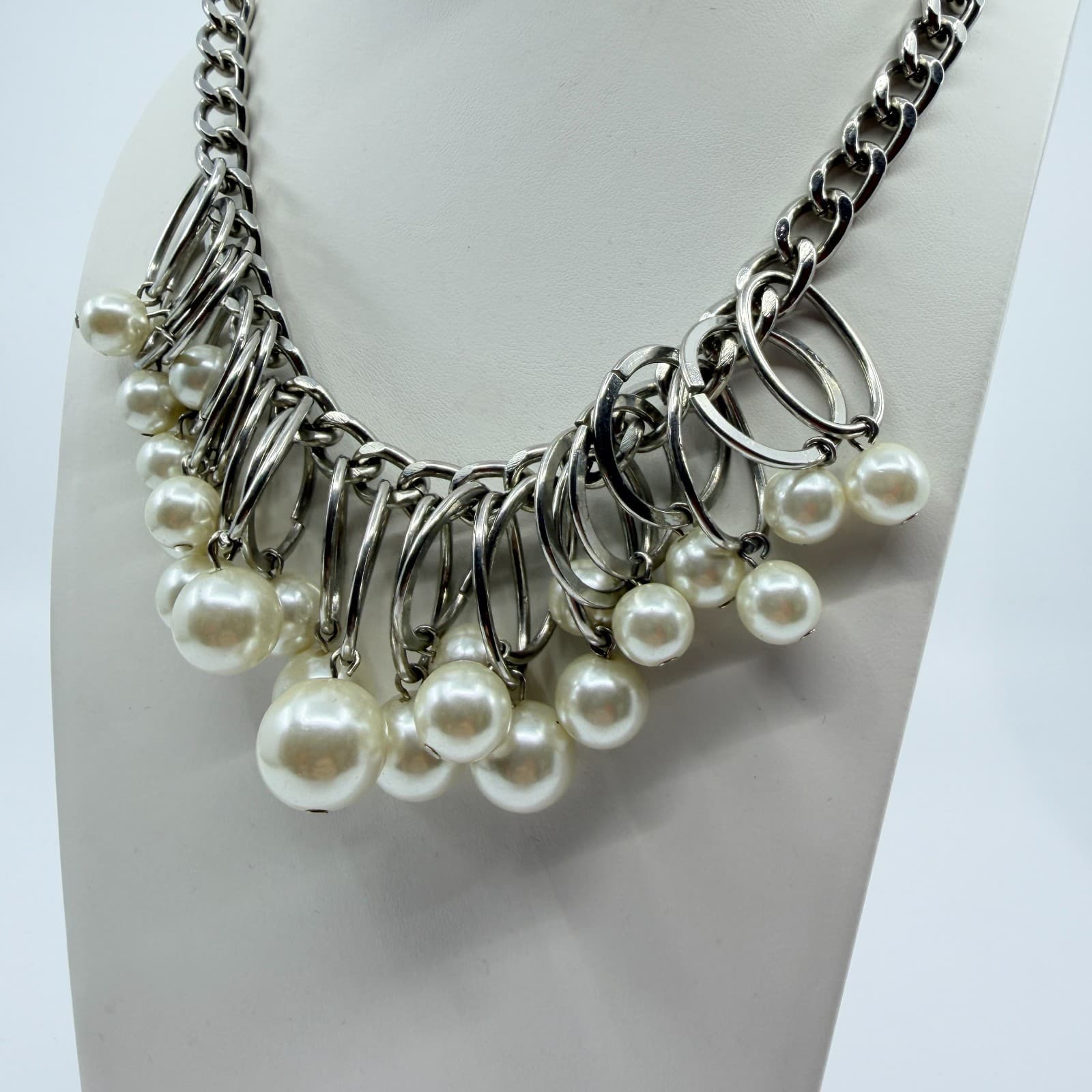 Vintage Silver Tone Chunky Curb Chain Necklace Faux Pearl Hoop Fringe Bib Boho - Thumbnail 6