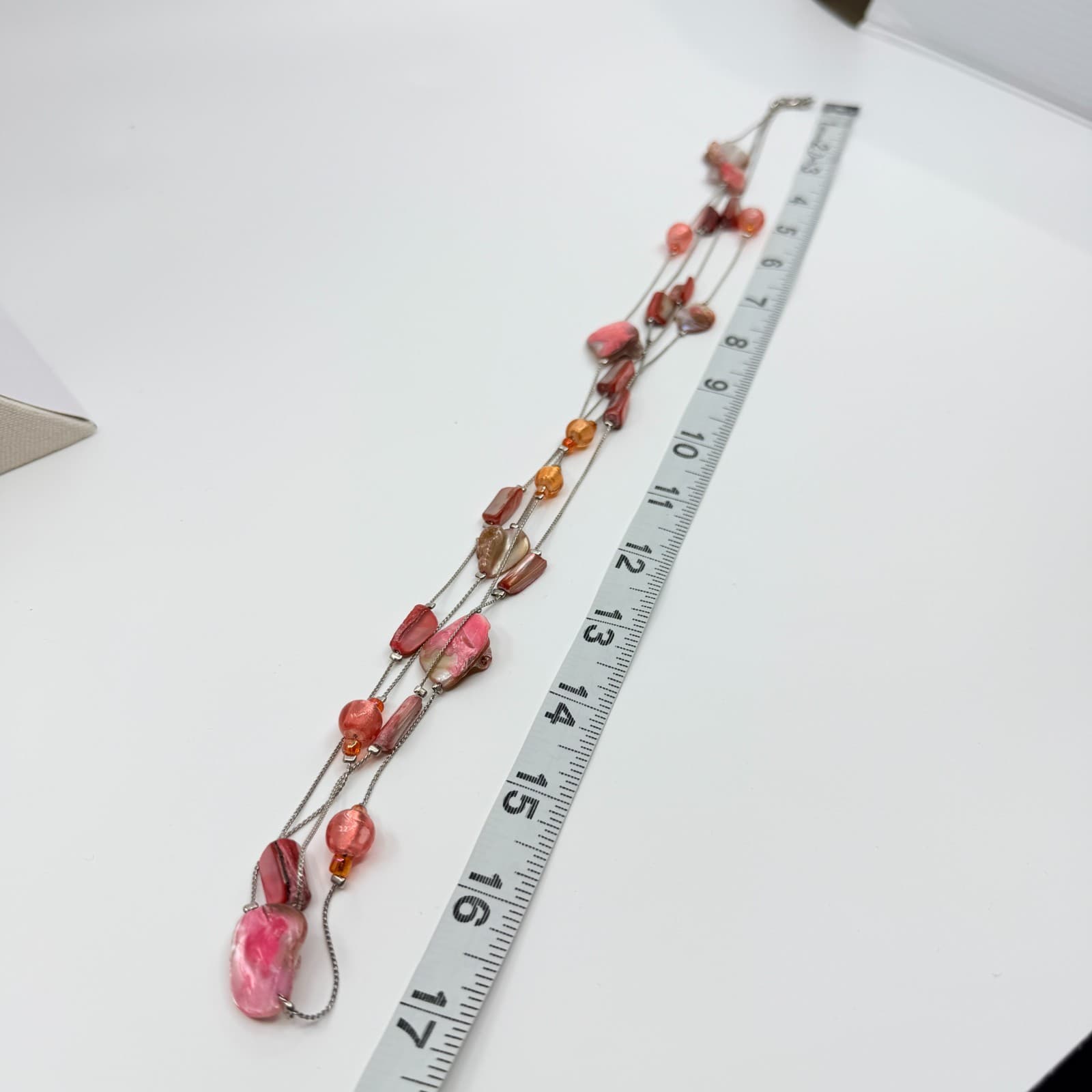 Vintage Silver Tone Long Layered Necklace Pink Red Orange Faux Shell Bead Boho - Thumbnail 7