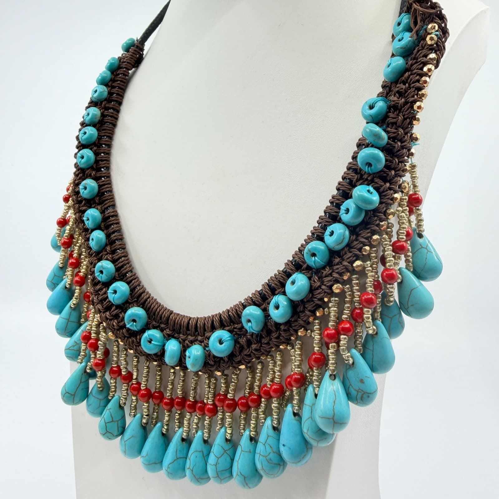 Vintage Faux Turquoise Bib Necklace Brown Macrame Cord Red Bead Fringe Boho 90s - Thumbnail 7
