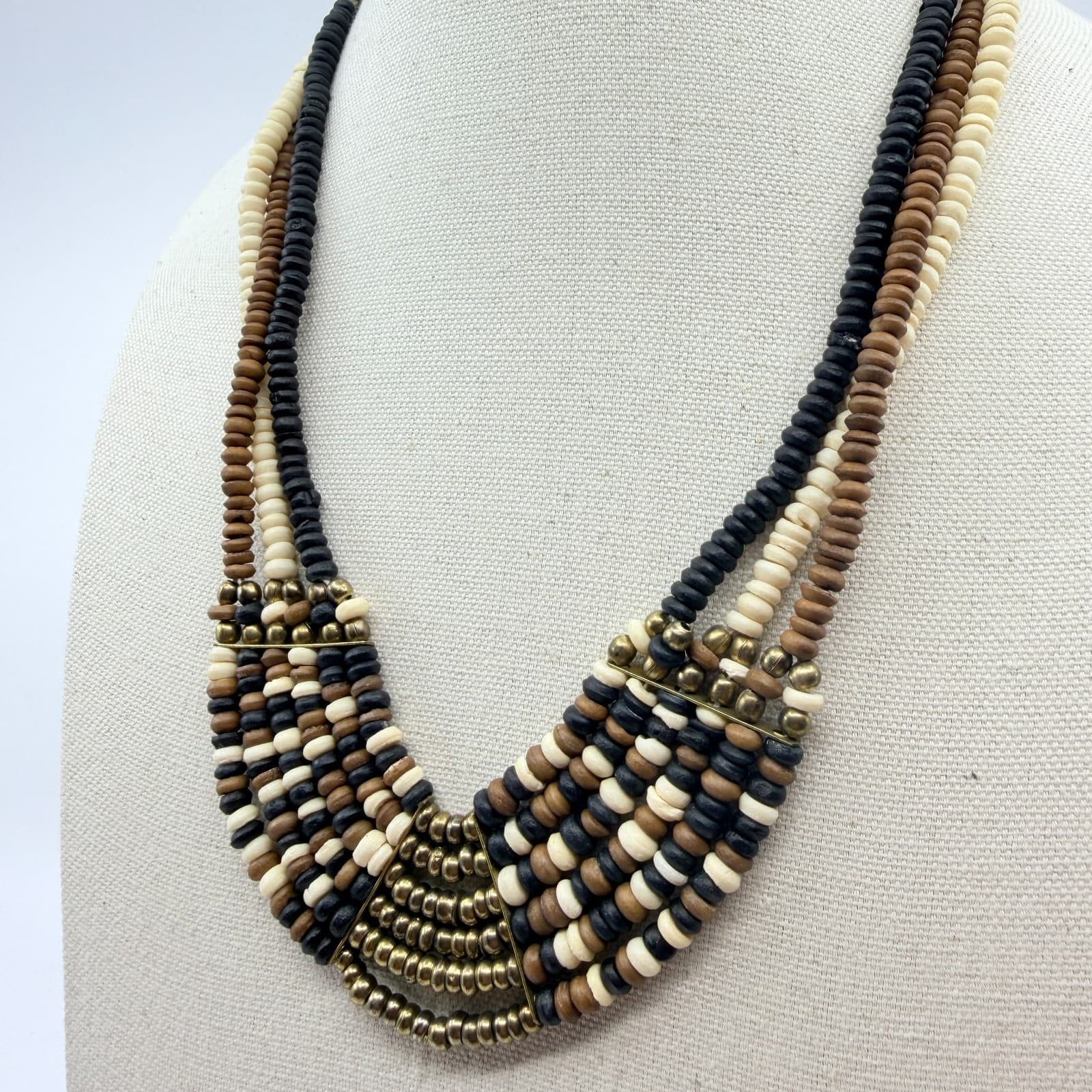 Vintage Brass Tone Multi Strand Beaded Choker Bib Necklace Black Cream Gold Boho - Thumbnail 7