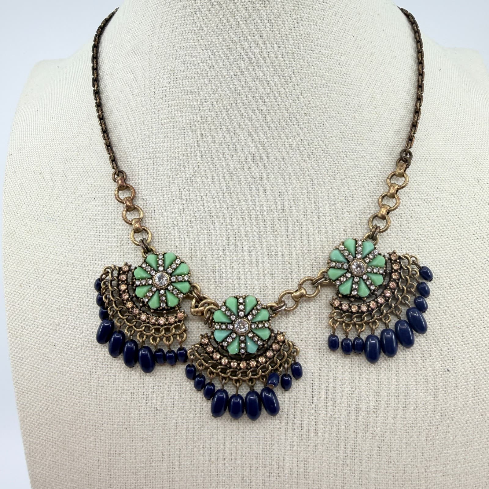Vintage Antique Gold Tone Bib Necklace Floral Green Resin Navy Blue Bead Fringe - Thumbnail 5