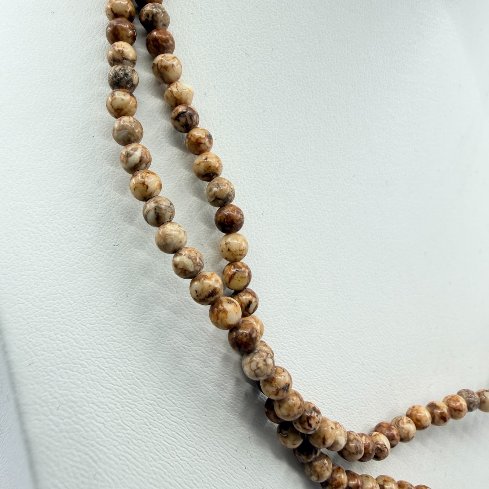 Vintage Brown Marbled Earth Tone Bead Strand Necklace Long Layered Retro Boho - Thumbnail 3