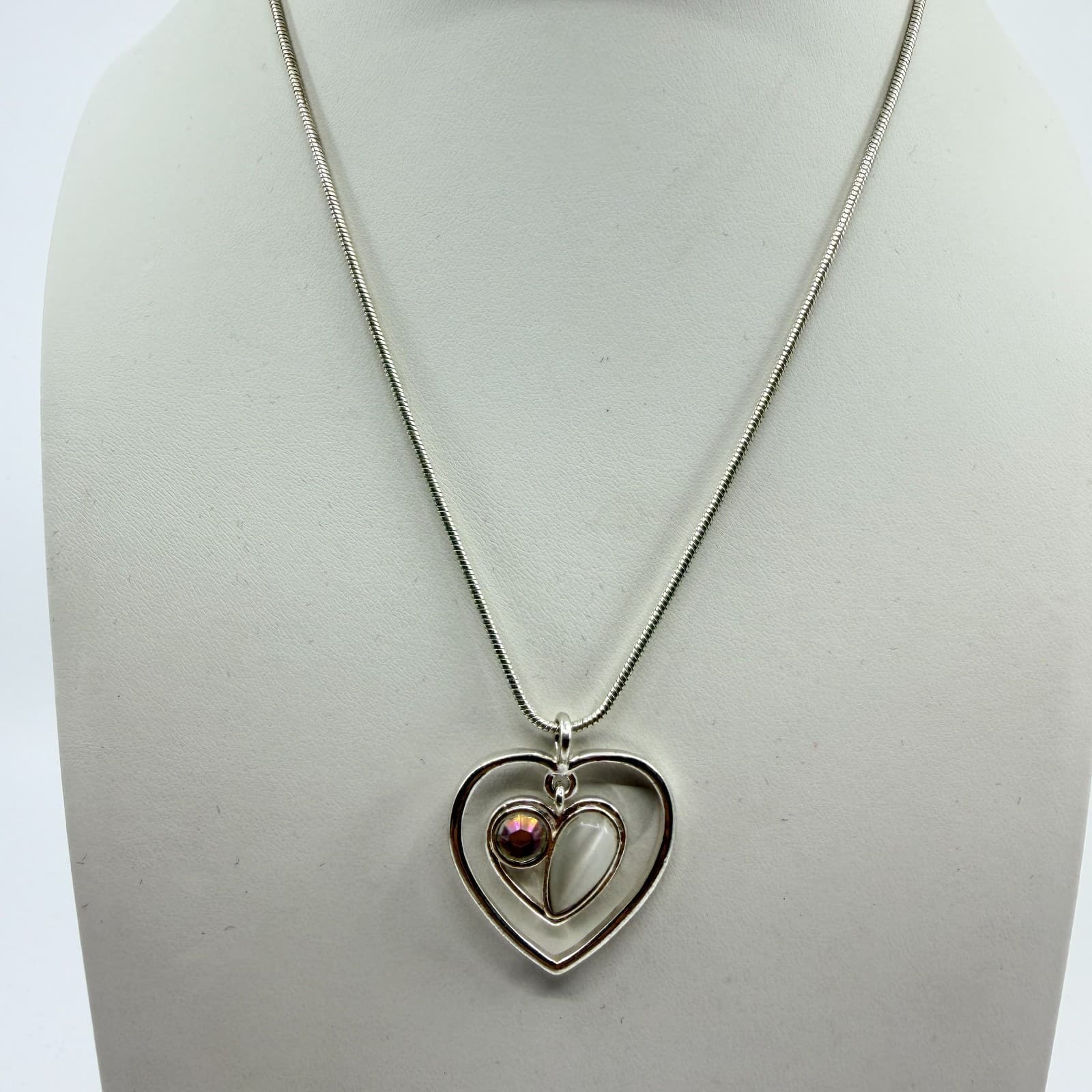 Vintage Silver Tone Snake Chain Necklace Double Heart Pendant AB Rhinestone Y2K - Thumbnail 3