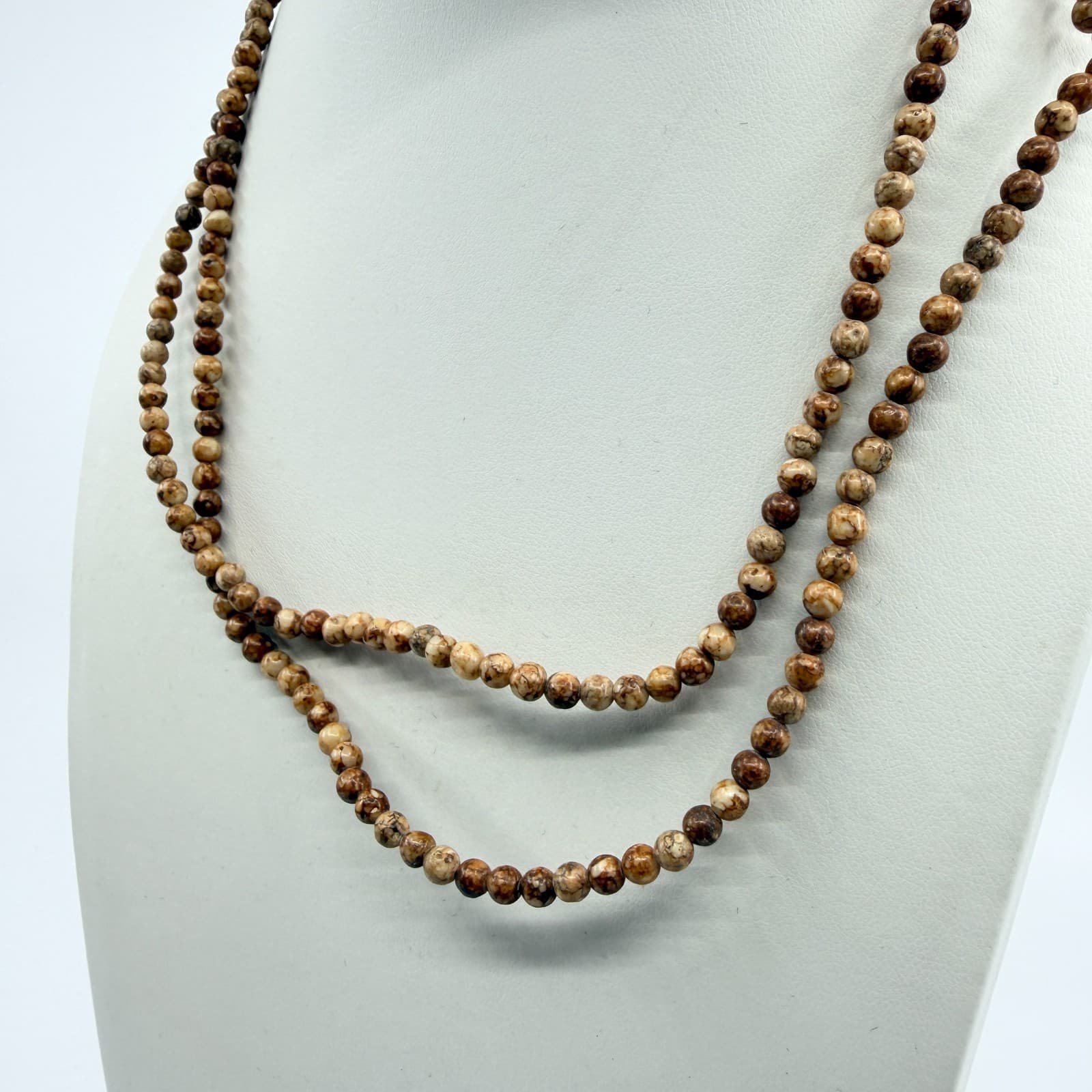 Vintage Brown Marbled Earth Tone Bead Strand Necklace Long Layered Retro Boho - Thumbnail 5