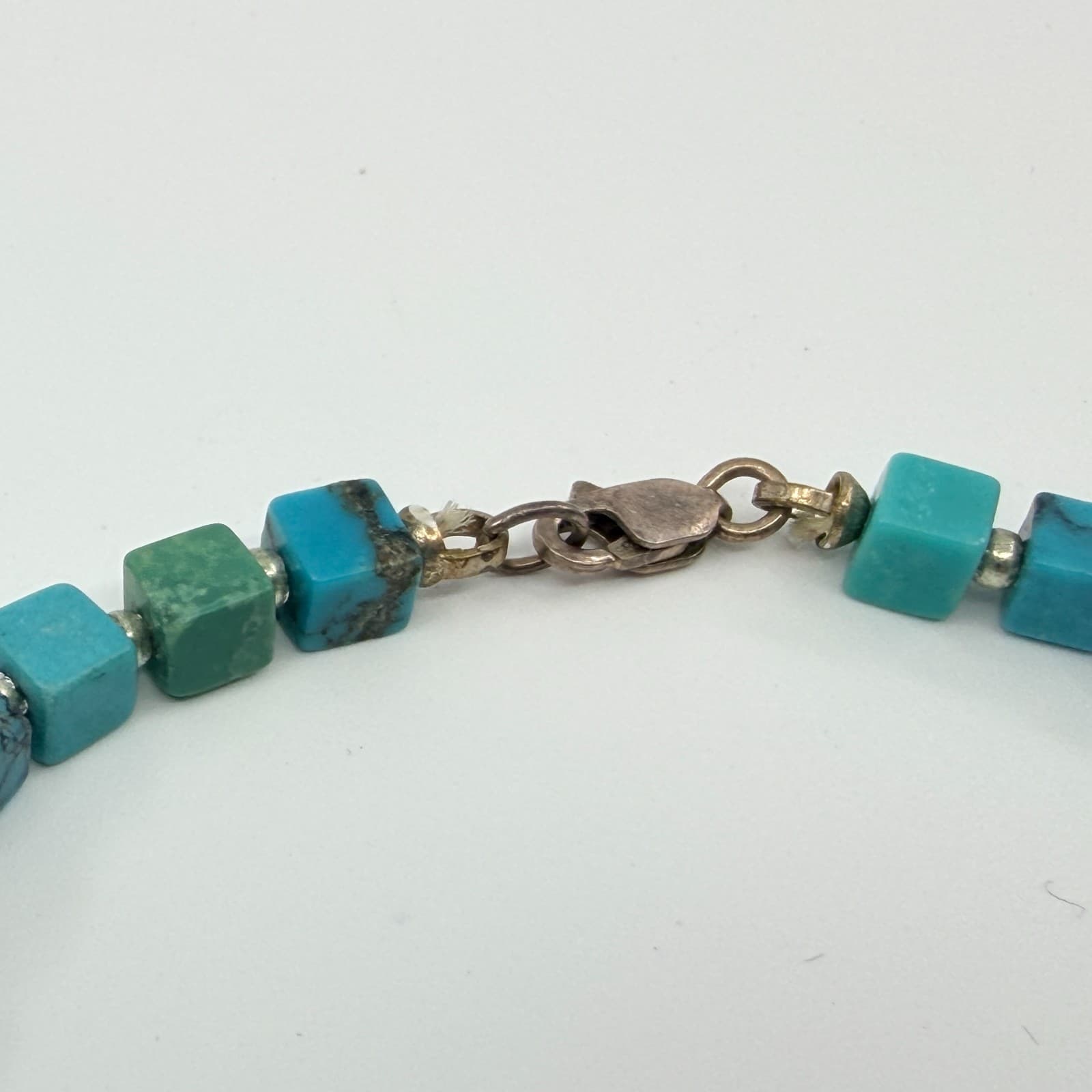 Vintage Silver Tone Bracelet Faux Turquoise Blue Green Cube Square Bead Boho 90s - Thumbnail 5