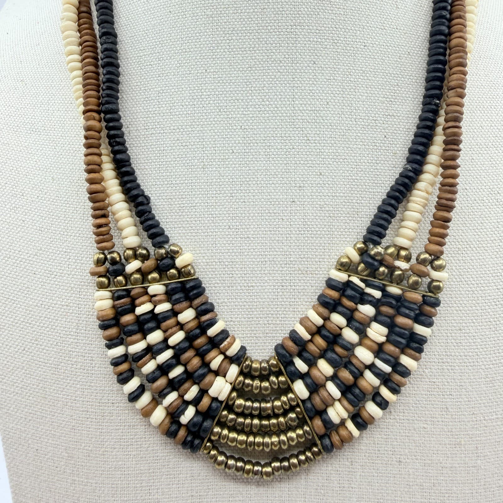 Vintage Brass Tone Multi Strand Beaded Choker Bib Necklace Black Cream Gold Boho - Thumbnail 2