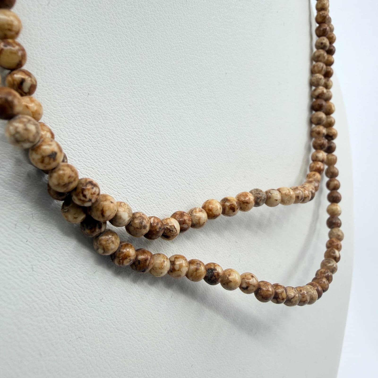 Vintage Brown Marbled Earth Tone Bead Strand Necklace Long Layered Retro Boho - Thumbnail 4