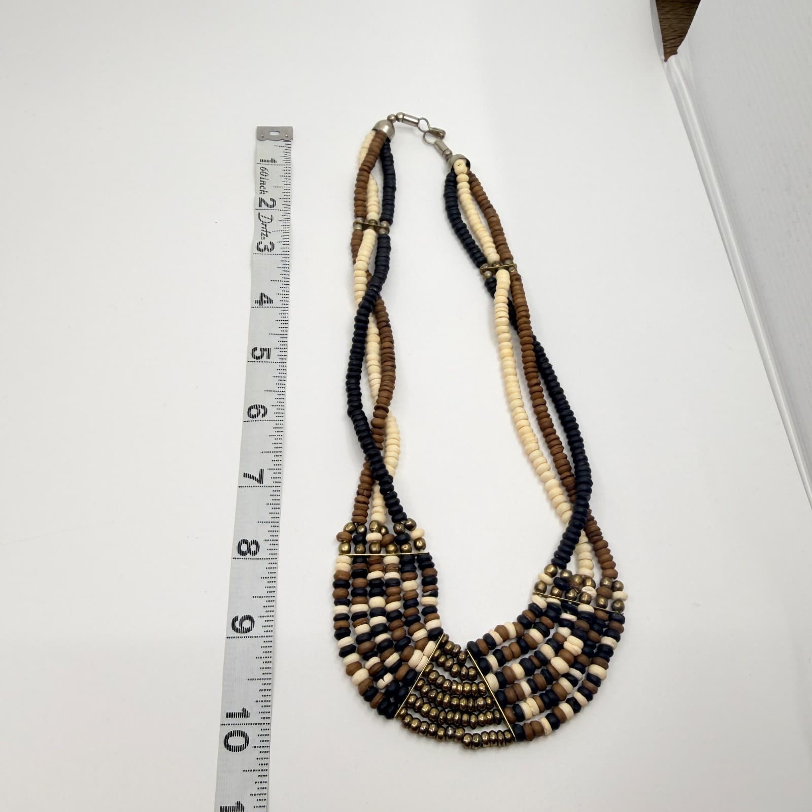 Vintage Brass Tone Multi Strand Beaded Choker Bib Necklace Black Cream Gold Boho - Thumbnail 10