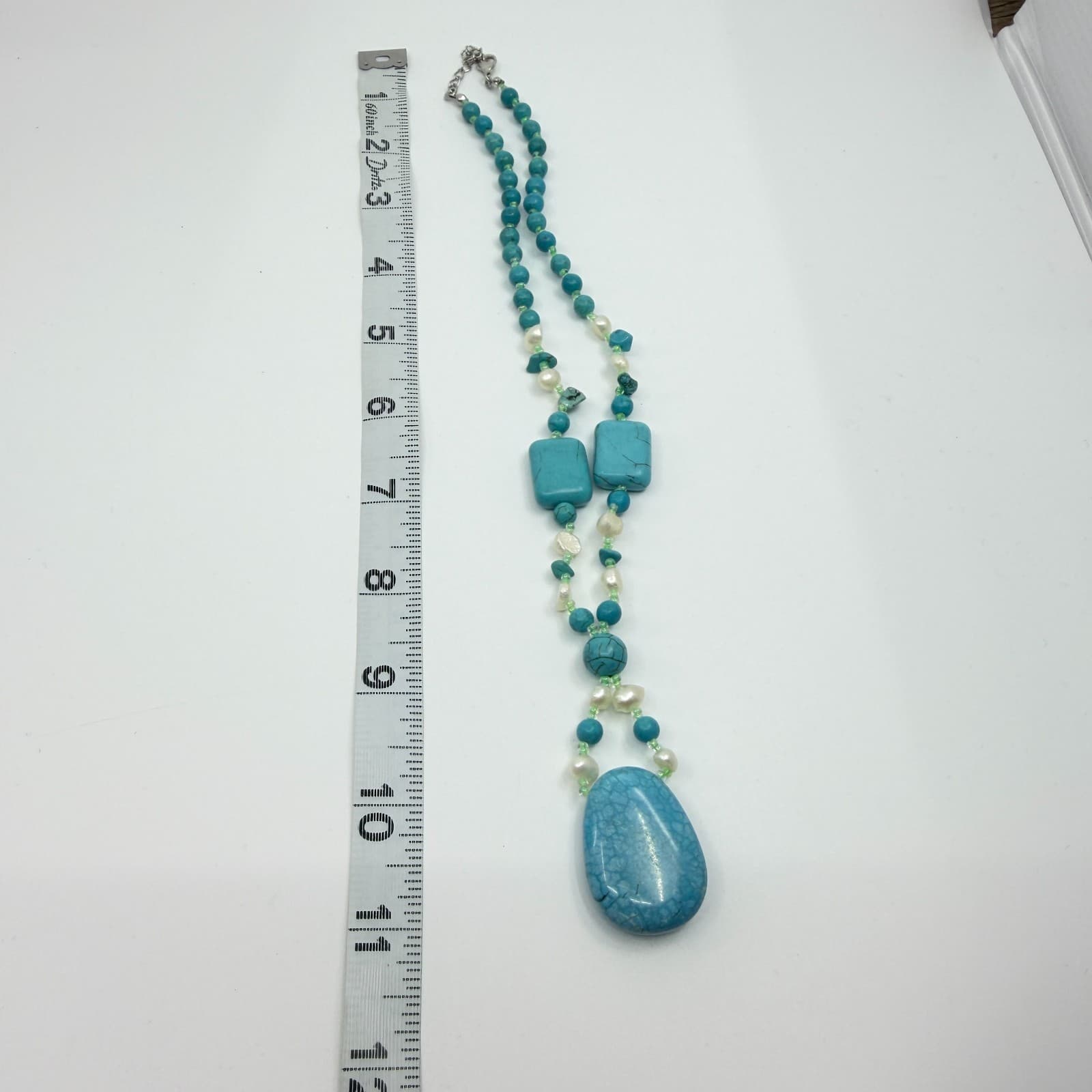 Vintage Faux Turquoise Pendant Necklace Simulated Pearl Bead Strand Y Drop 90s - Thumbnail 8