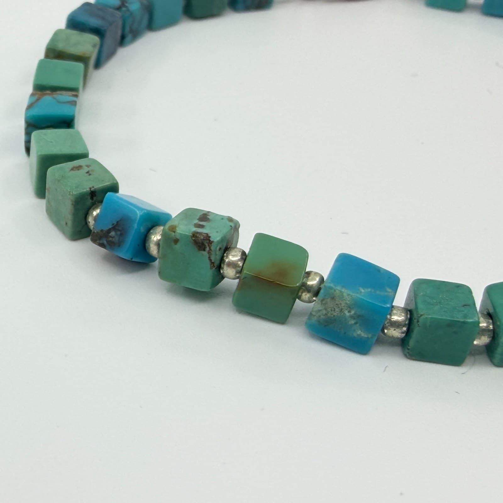 Vintage Silver Tone Bracelet Faux Turquoise Blue Green Cube Square Bead Boho 90s - Thumbnail 3