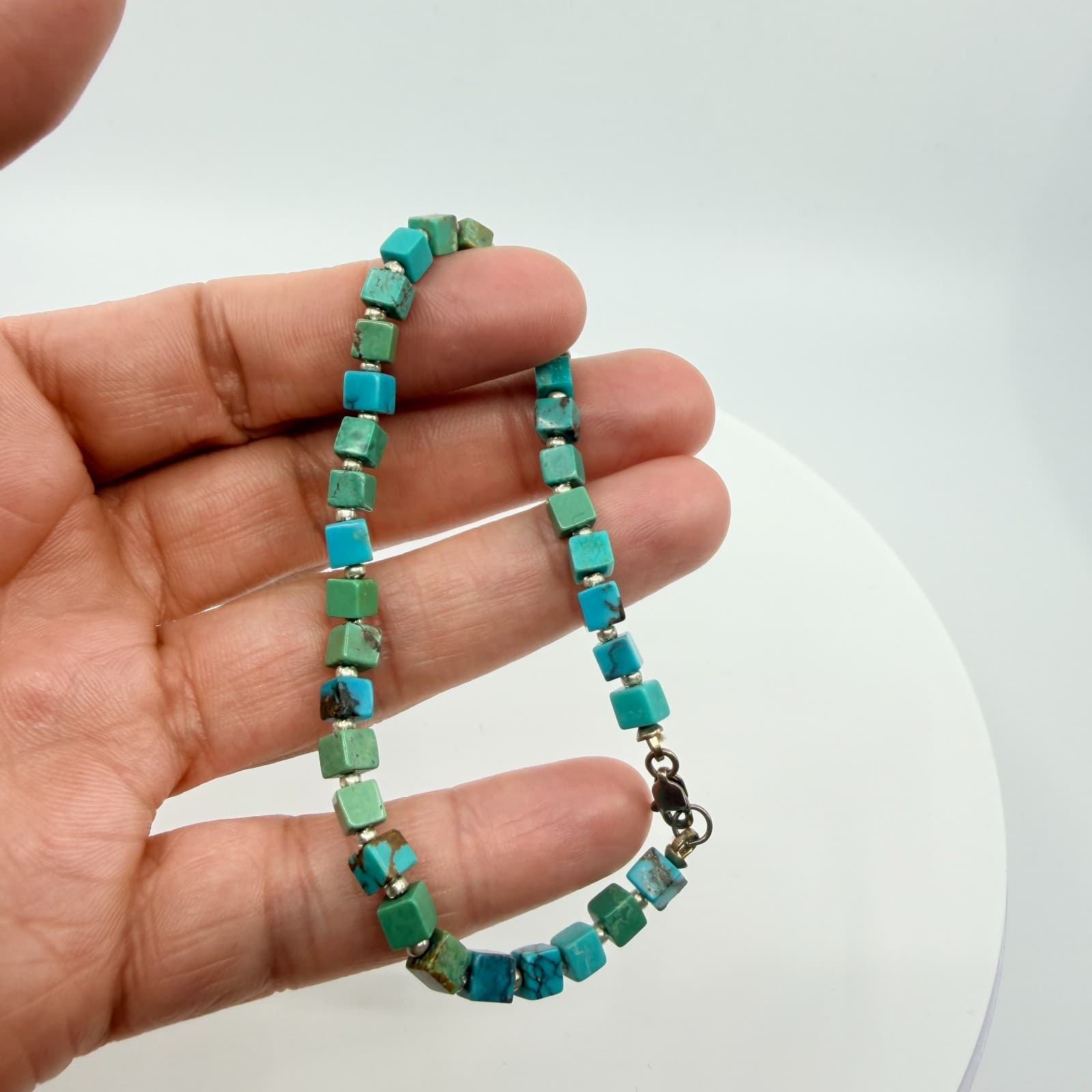 Vintage Silver Tone Bracelet Faux Turquoise Blue Green Cube Square Bead Boho 90s - Thumbnail 6
