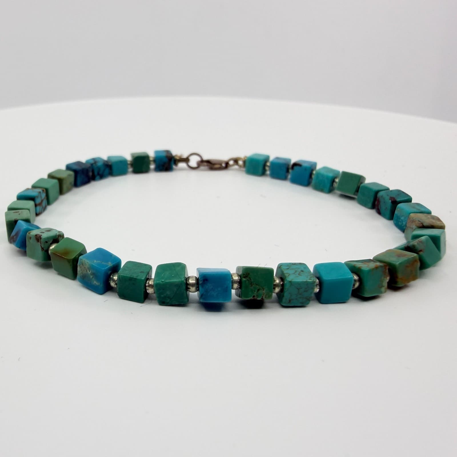 Vintage Silver Tone Bracelet Faux Turquoise Blue Green Cube Square Bead Boho 90s - Thumbnail 2