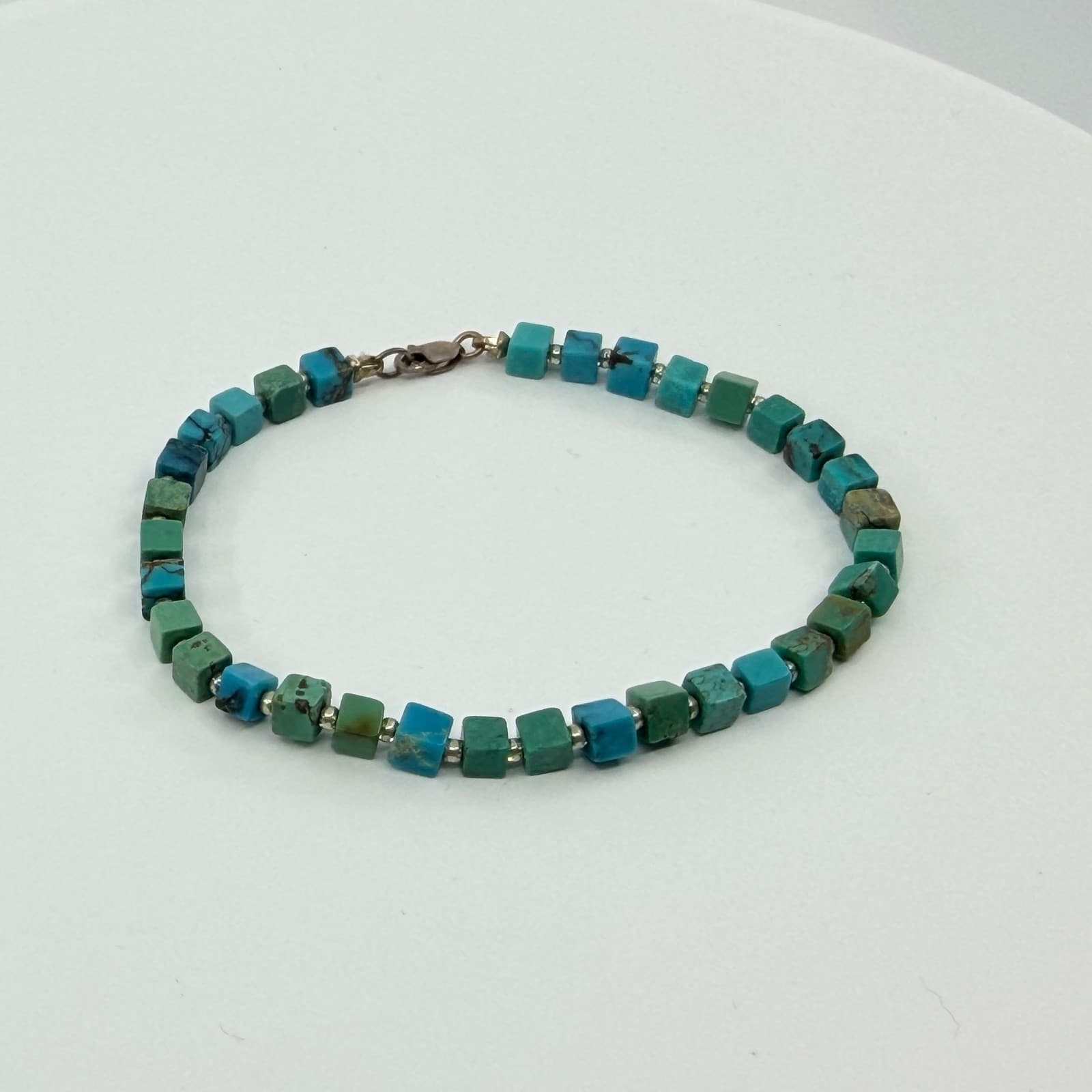 Vintage Silver Tone Bracelet Faux Turquoise Blue Green Cube Square Bead Boho 90s - Thumbnail 4