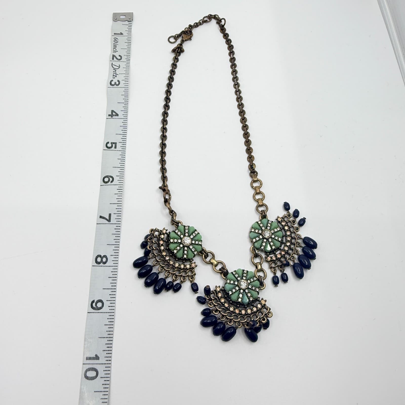 Vintage Antique Gold Tone Bib Necklace Floral Green Resin Navy Blue Bead Fringe - Thumbnail 8