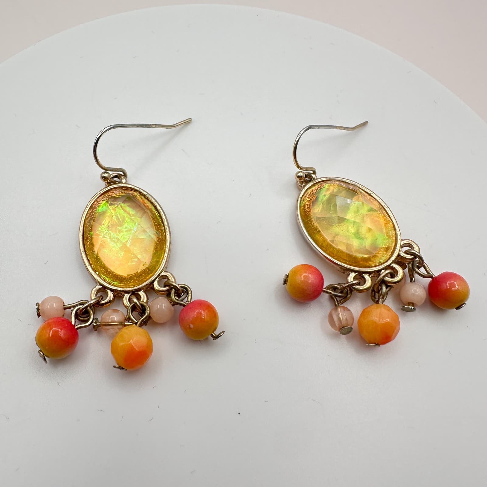 Vintage 70s Faux Amber Cabochon Dangle Earrings Beaded Chandelier Drop Jewelry - Thumbnail 4