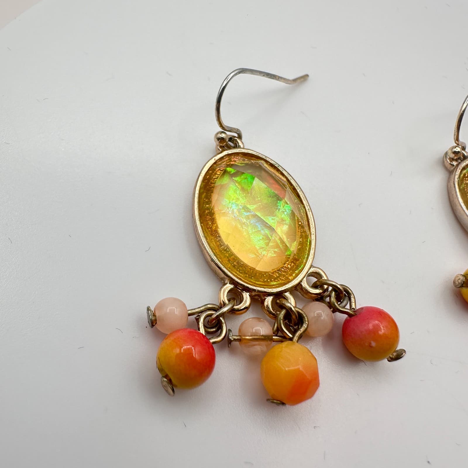 Vintage 70s Faux Amber Cabochon Dangle Earrings Beaded Chandelier Drop Jewelry - Thumbnail 5