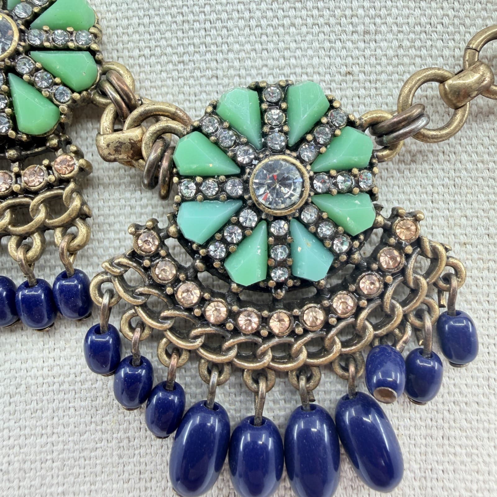 Vintage Antique Gold Tone Bib Necklace Floral Green Resin Navy Blue Bead Fringe - Thumbnail 4