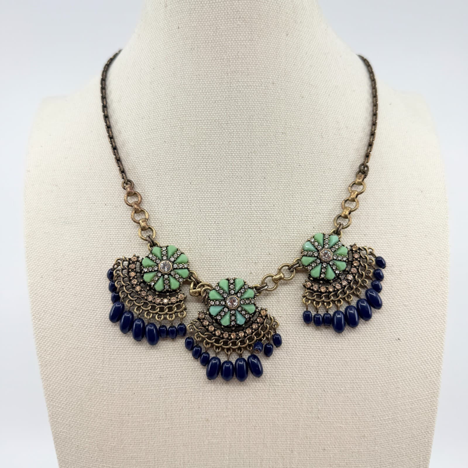 Vintage Antique Gold Tone Bib Necklace Floral Green Resin Navy Blue Bead Fringe - Thumbnail 2