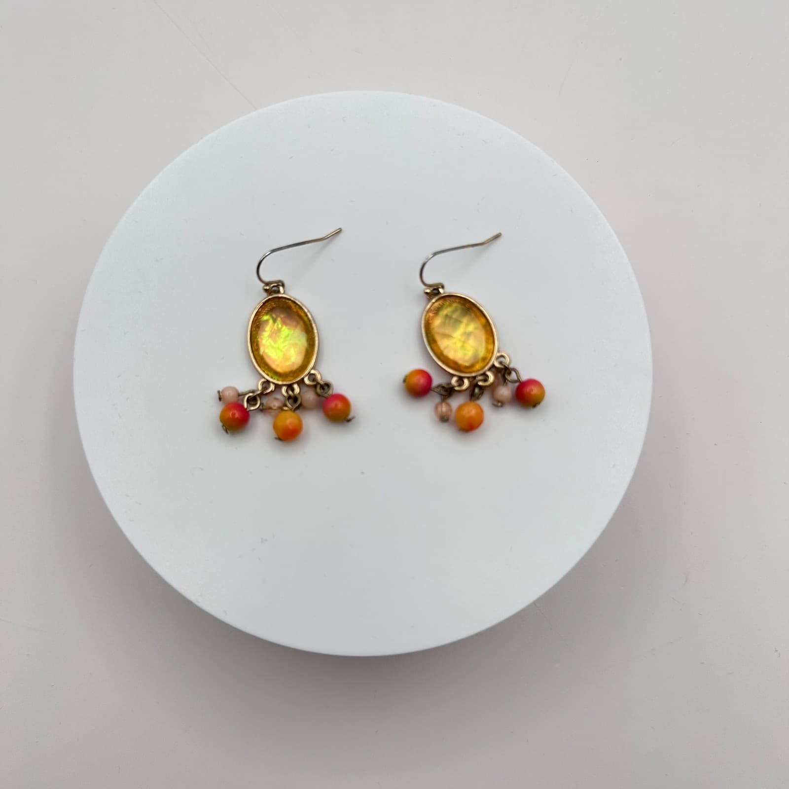 Vintage 70s Faux Amber Cabochon Dangle Earrings Beaded Chandelier Drop Jewelry - Thumbnail 2