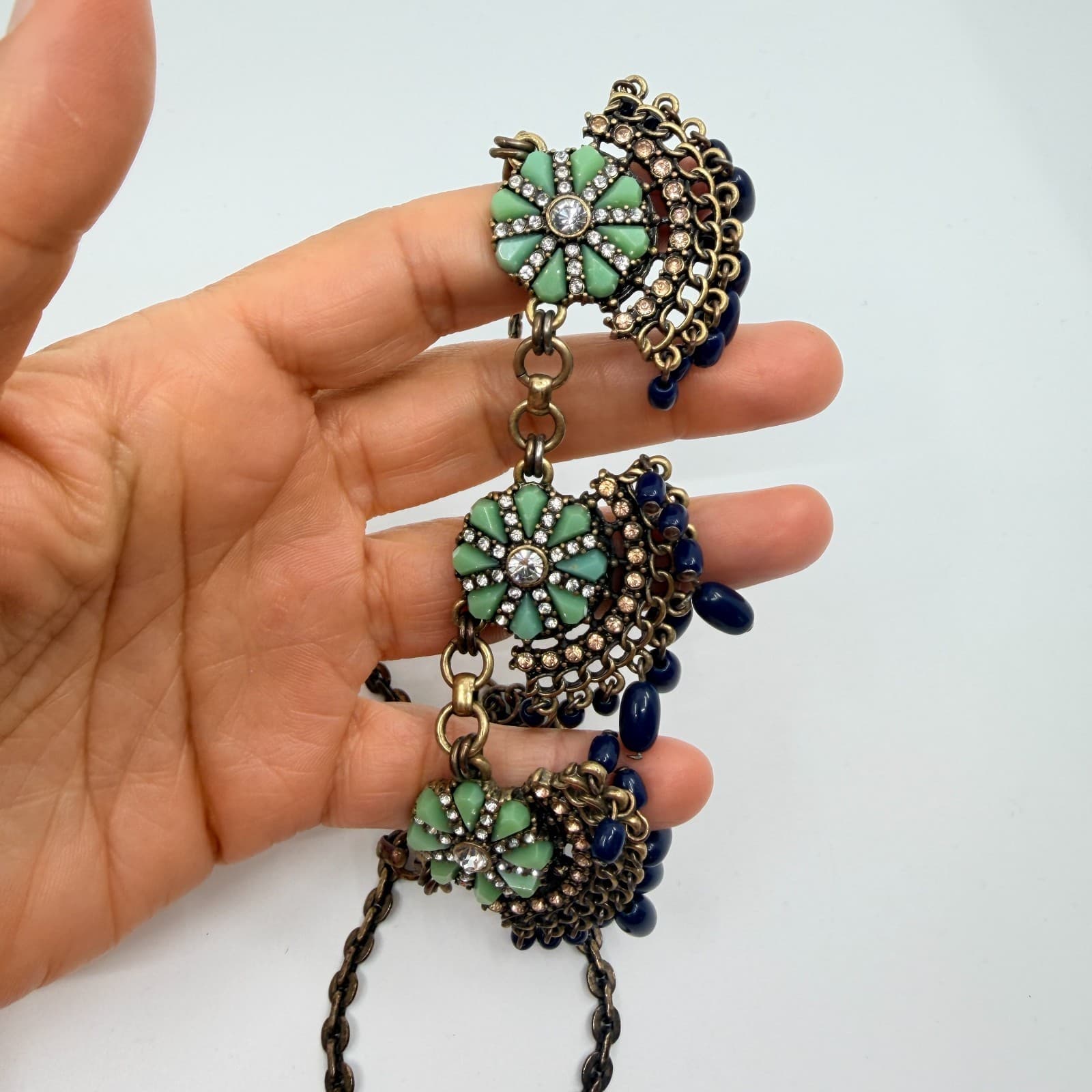 Vintage Antique Gold Tone Bib Necklace Floral Green Resin Navy Blue Bead Fringe - Thumbnail 7