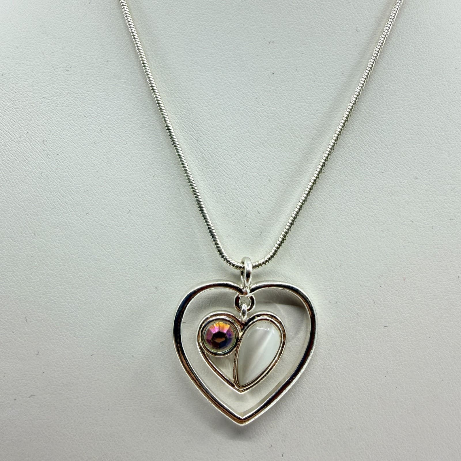Vintage Silver Tone Snake Chain Necklace Double Heart Pendant AB Rhinestone Y2K