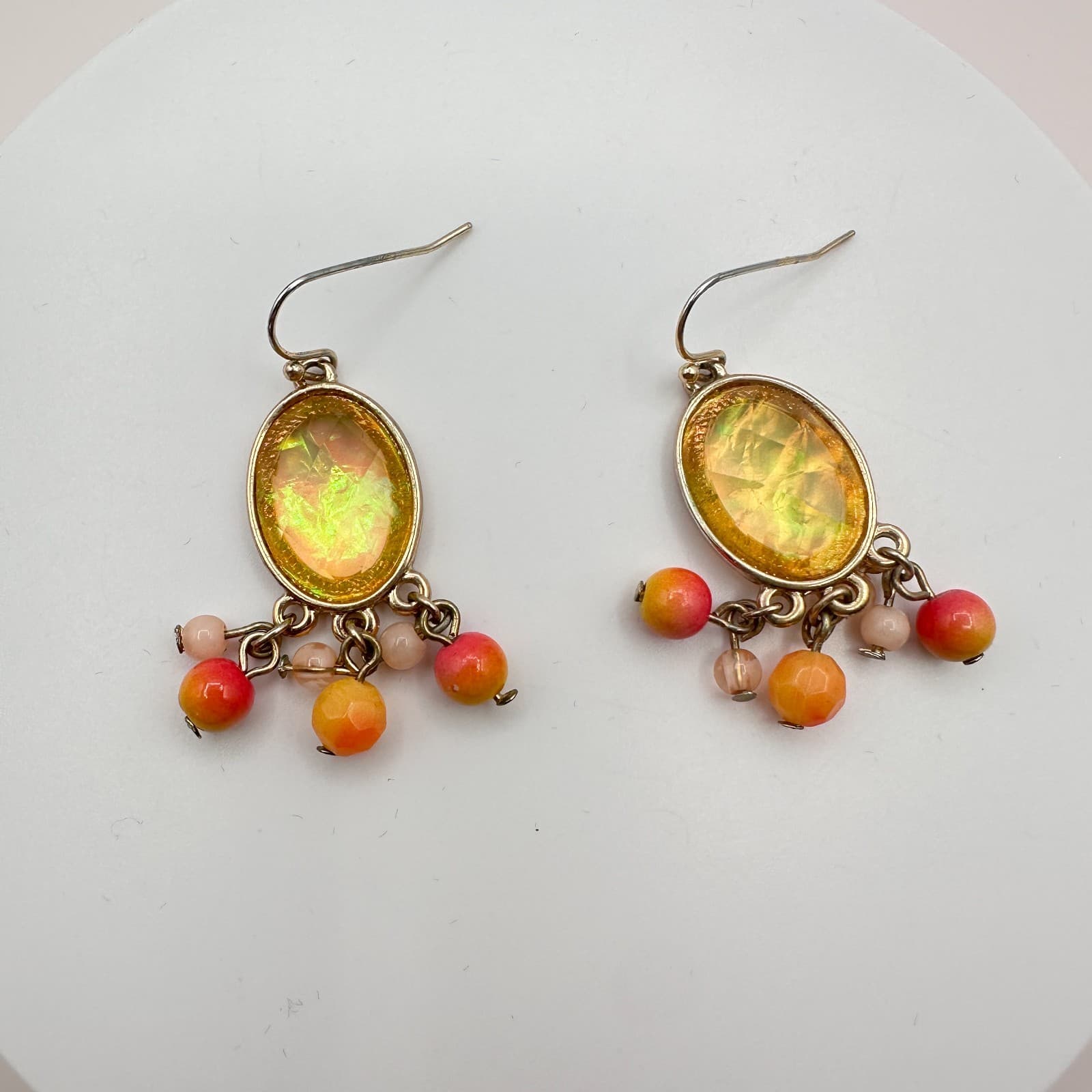 Vintage 70s Faux Amber Cabochon Dangle Earrings Beaded Chandelier Drop Jewelry