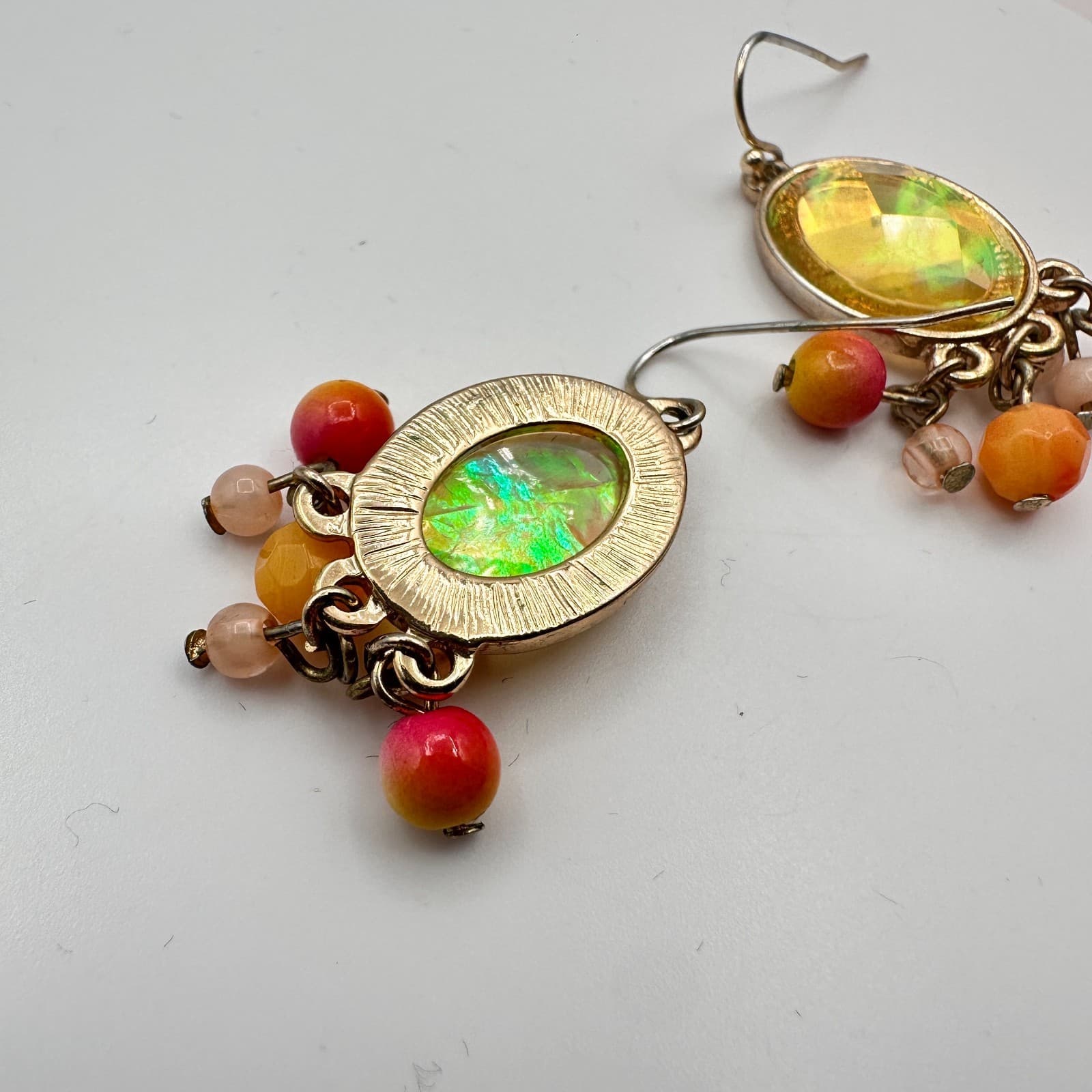 Vintage 70s Faux Amber Cabochon Dangle Earrings Beaded Chandelier Drop Jewelry - Thumbnail 6
