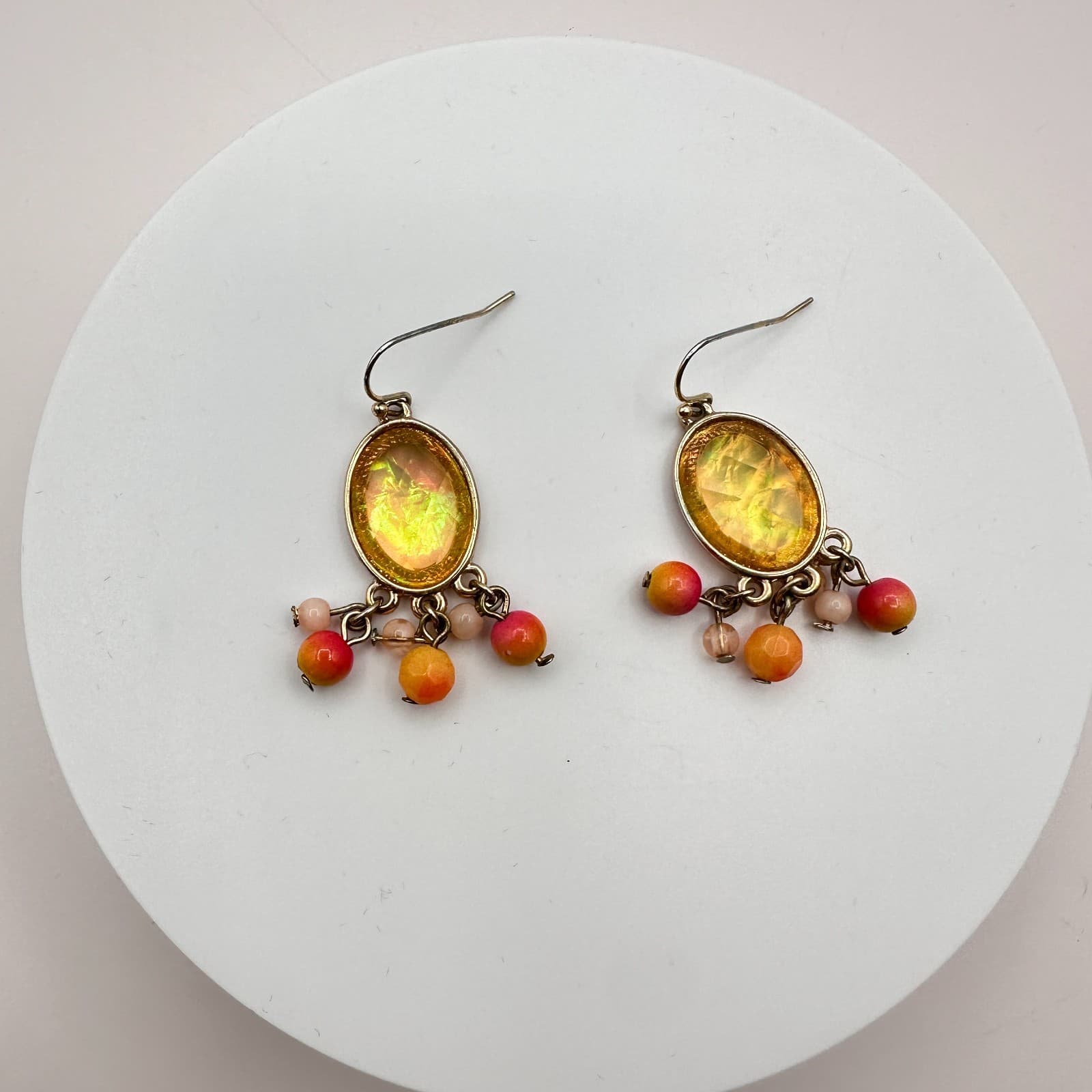Vintage 70s Faux Amber Cabochon Dangle Earrings Beaded Chandelier Drop Jewelry - Thumbnail 3