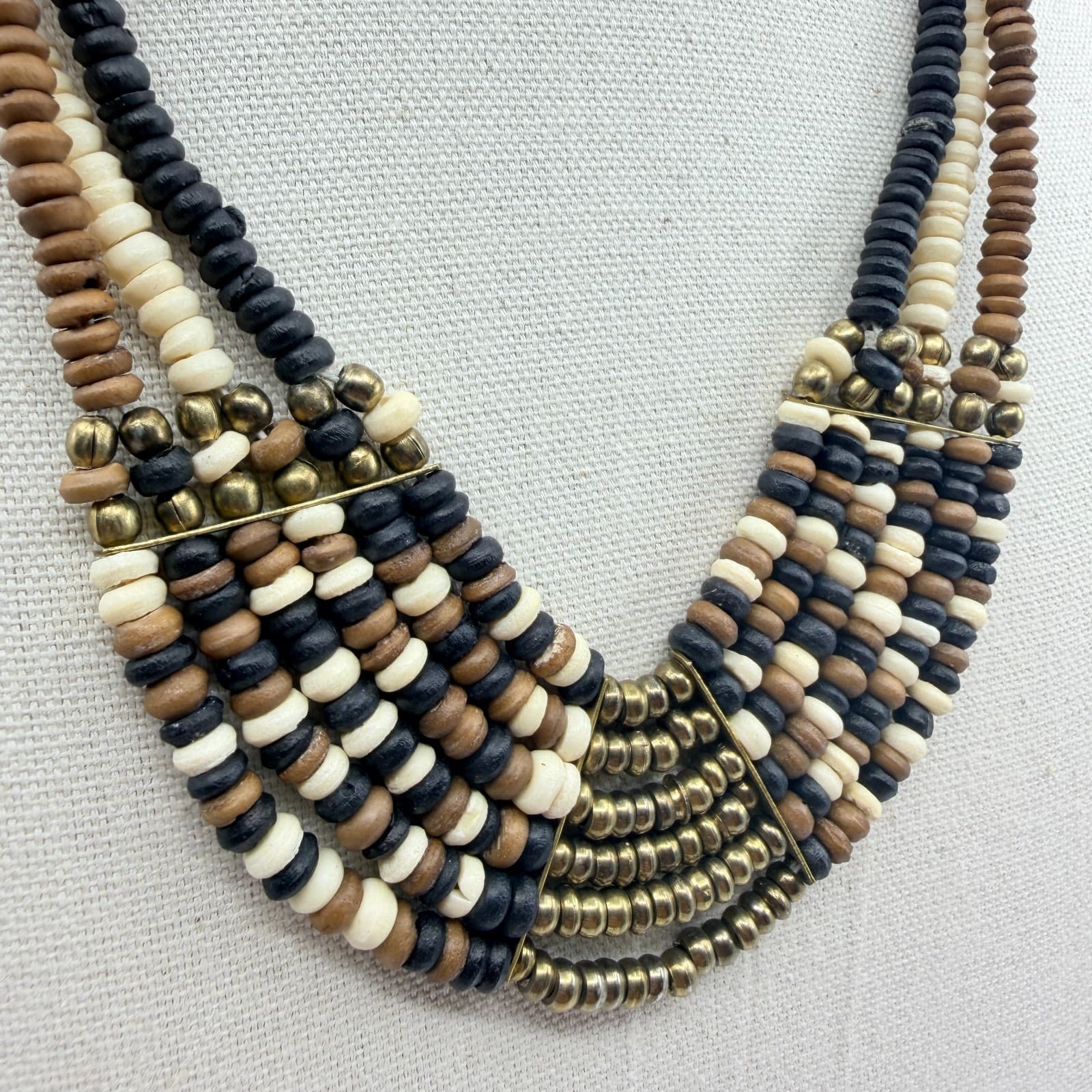 Vintage Brass Tone Multi Strand Beaded Choker Bib Necklace Black Cream Gold Boho - Thumbnail 4
