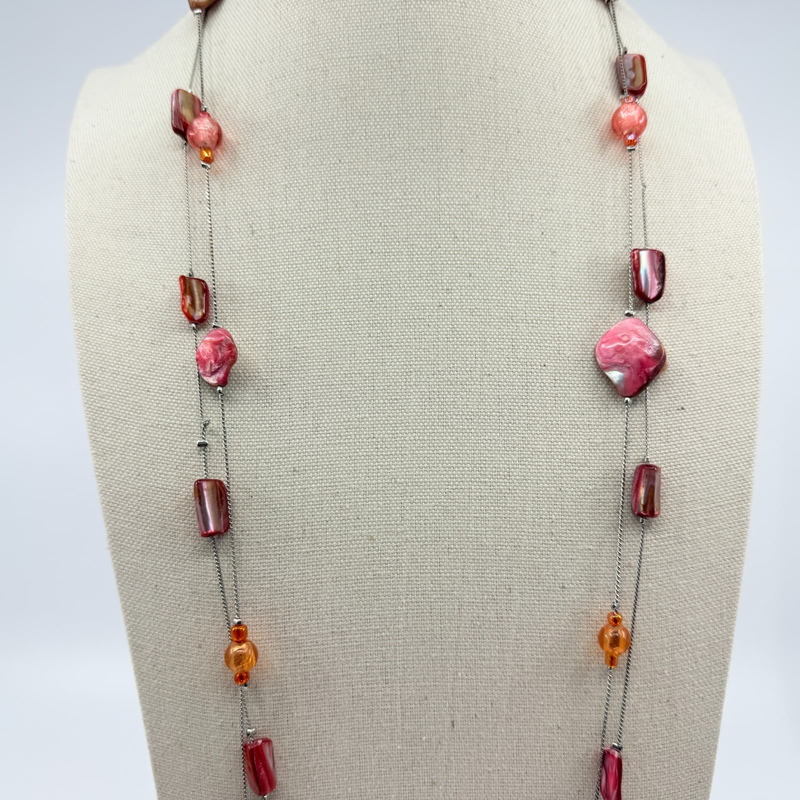 Vintage Silver Tone Long Layered Necklace Pink Red Orange Faux Shell Bead Boho - Thumbnail 4