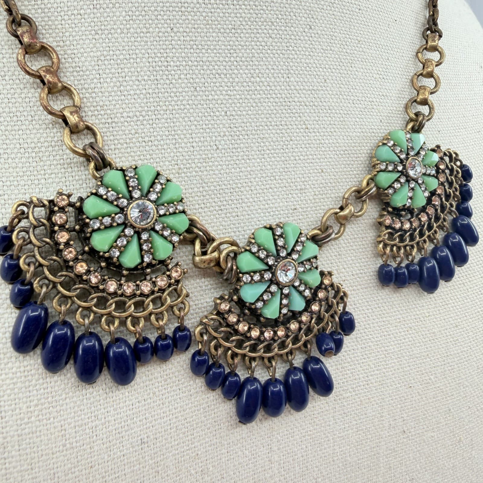 Vintage Antique Gold Tone Bib Necklace Floral Green Resin Navy Blue Bead Fringe - Thumbnail 3