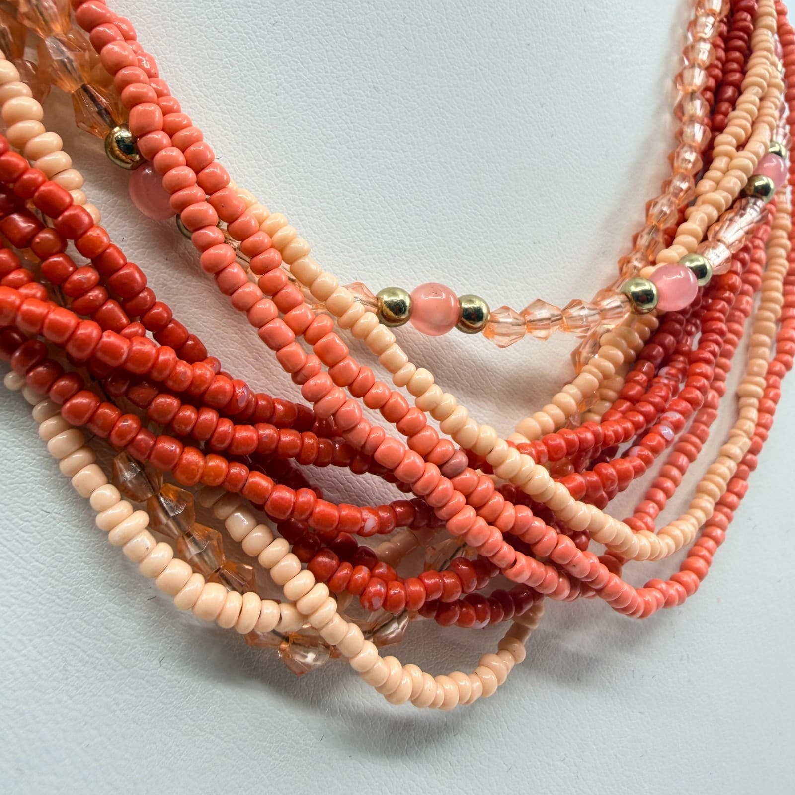 Vintage Peach Coral Seed Bead Multi Strand Necklace Boho Statement Retro Y2K 8in - Thumbnail 3