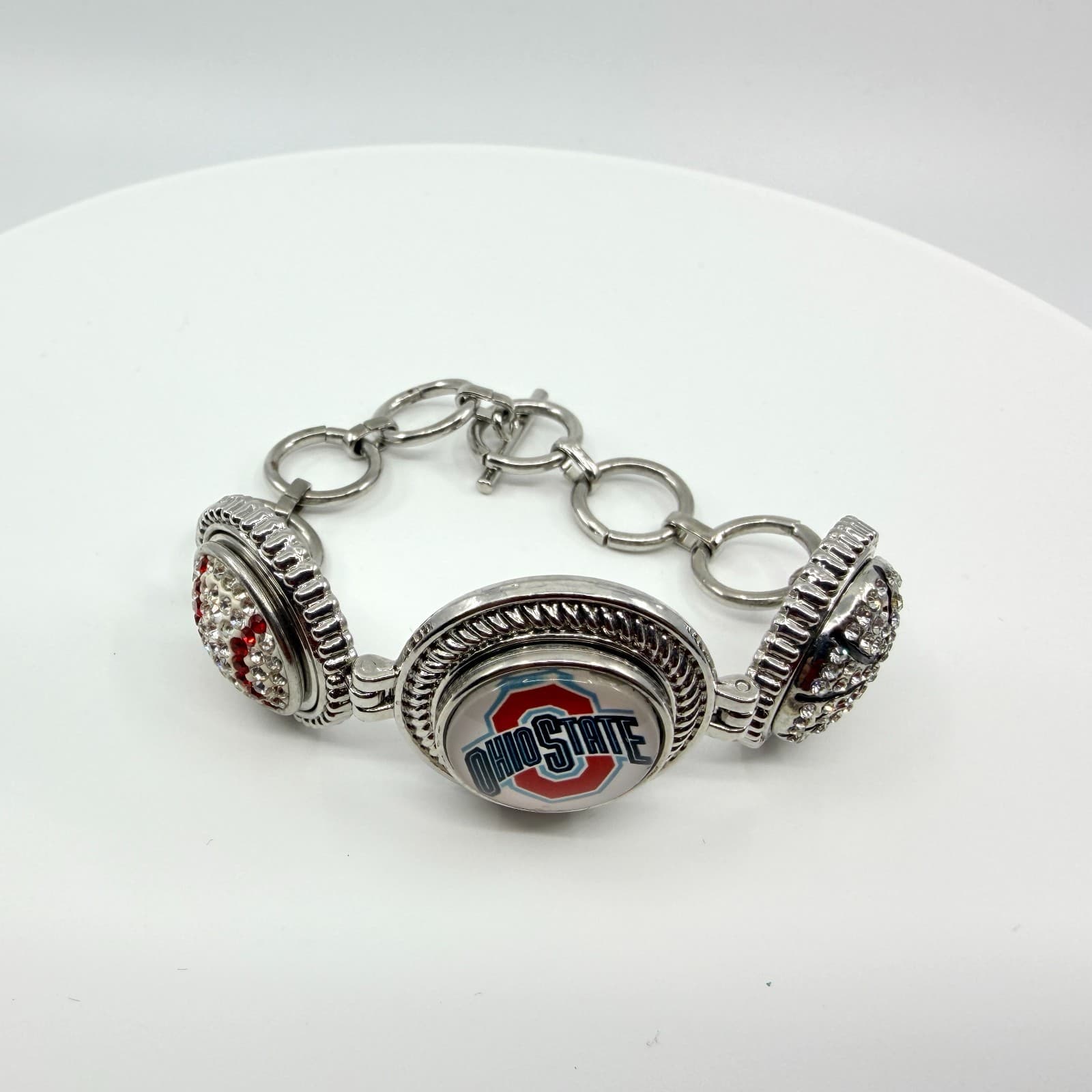 Silver Tone Red White Rhinestone Collegiate Fan Bracelet Ohio Sports Team Boho