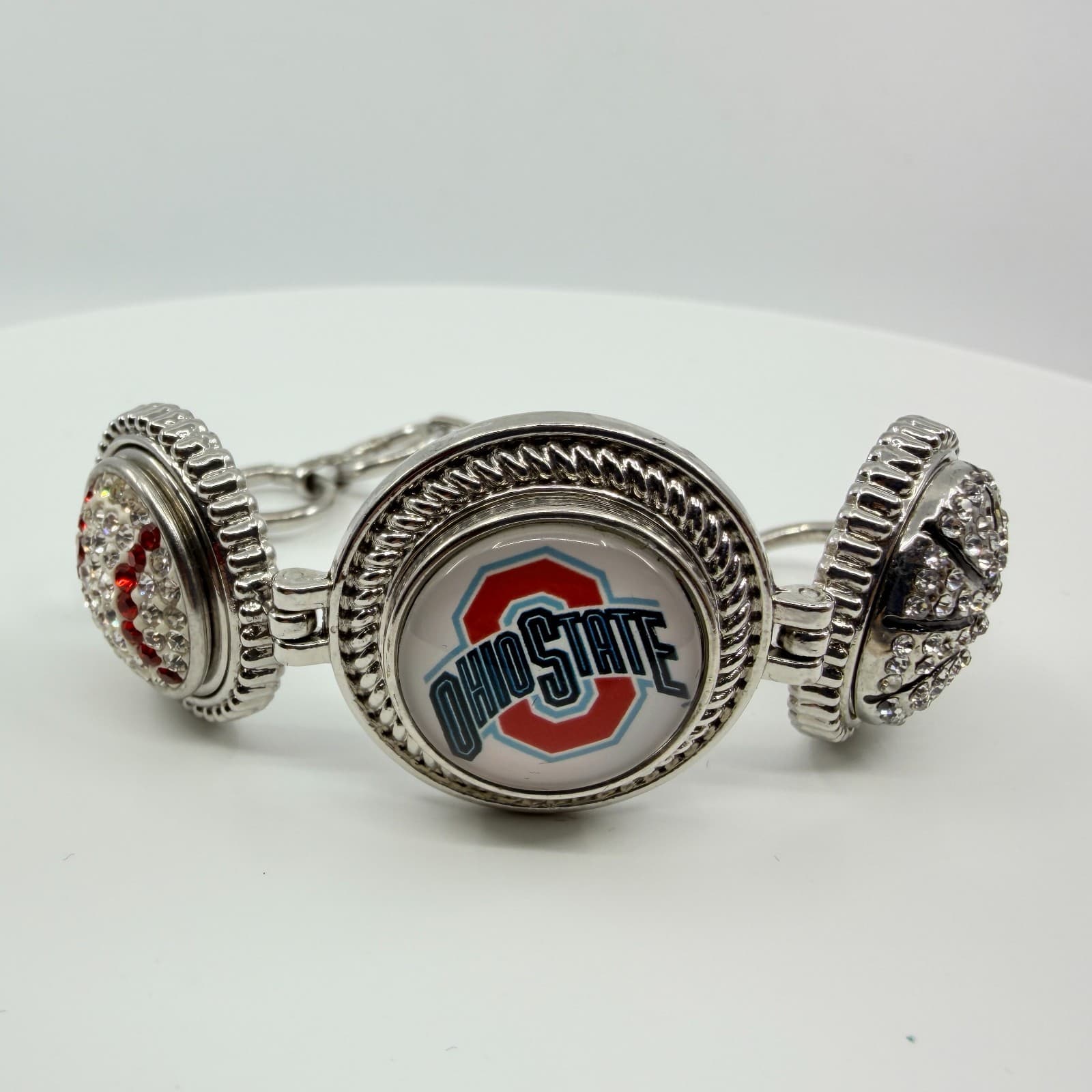 Silver Tone Red White Rhinestone Collegiate Fan Bracelet Ohio Sports Team Boho - Thumbnail 2