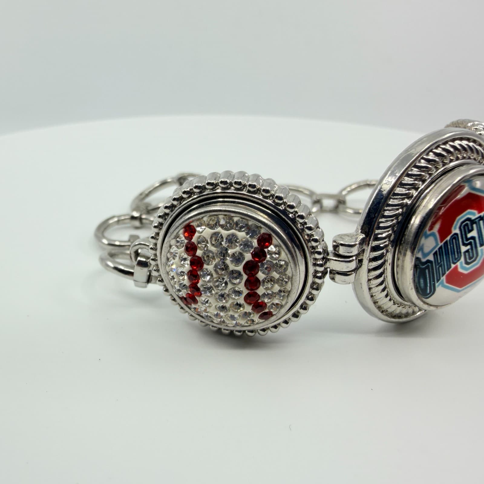 Silver Tone Red White Rhinestone Collegiate Fan Bracelet Ohio Sports Team Boho - Thumbnail 3