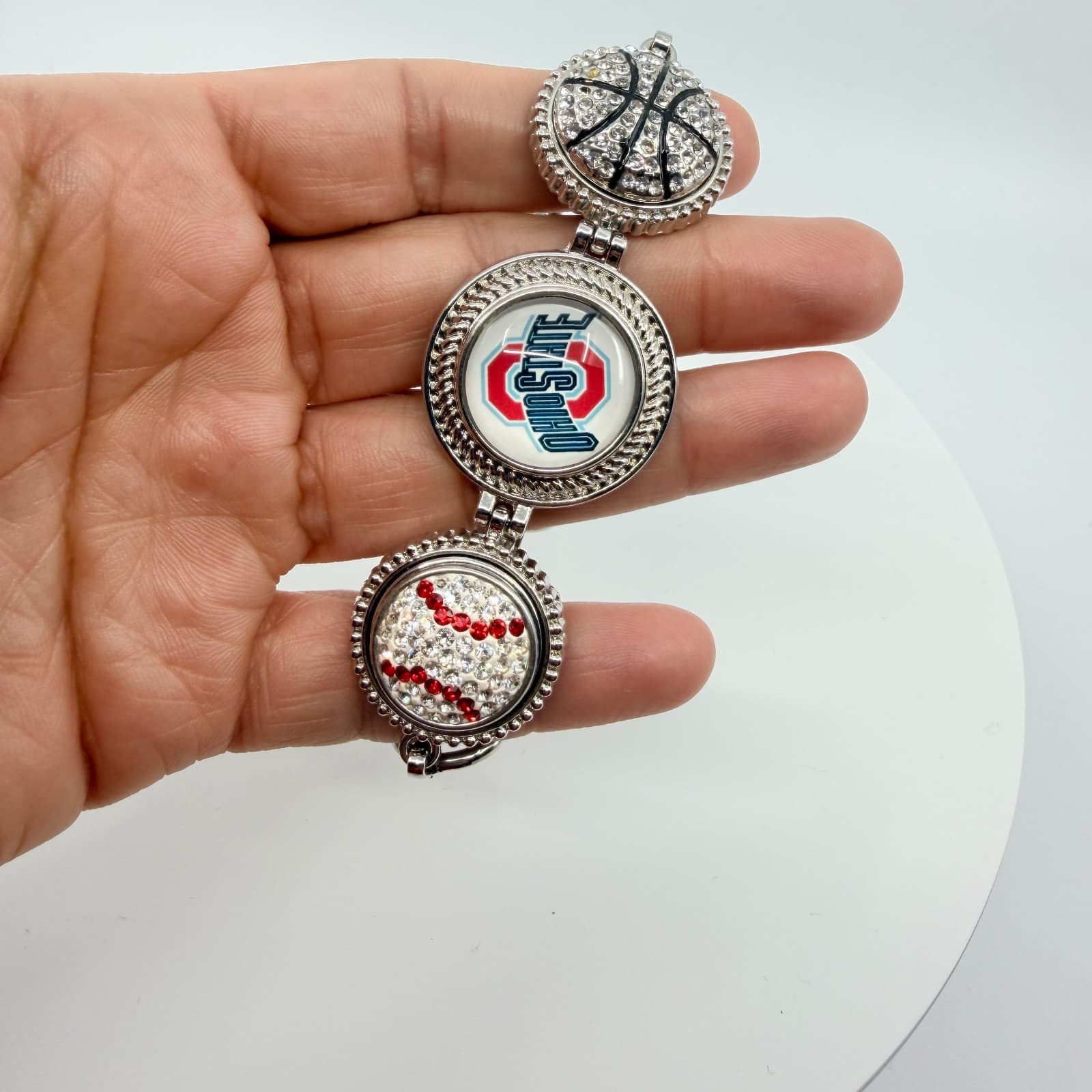 Silver Tone Red White Rhinestone Collegiate Fan Bracelet Ohio Sports Team Boho - Thumbnail 8
