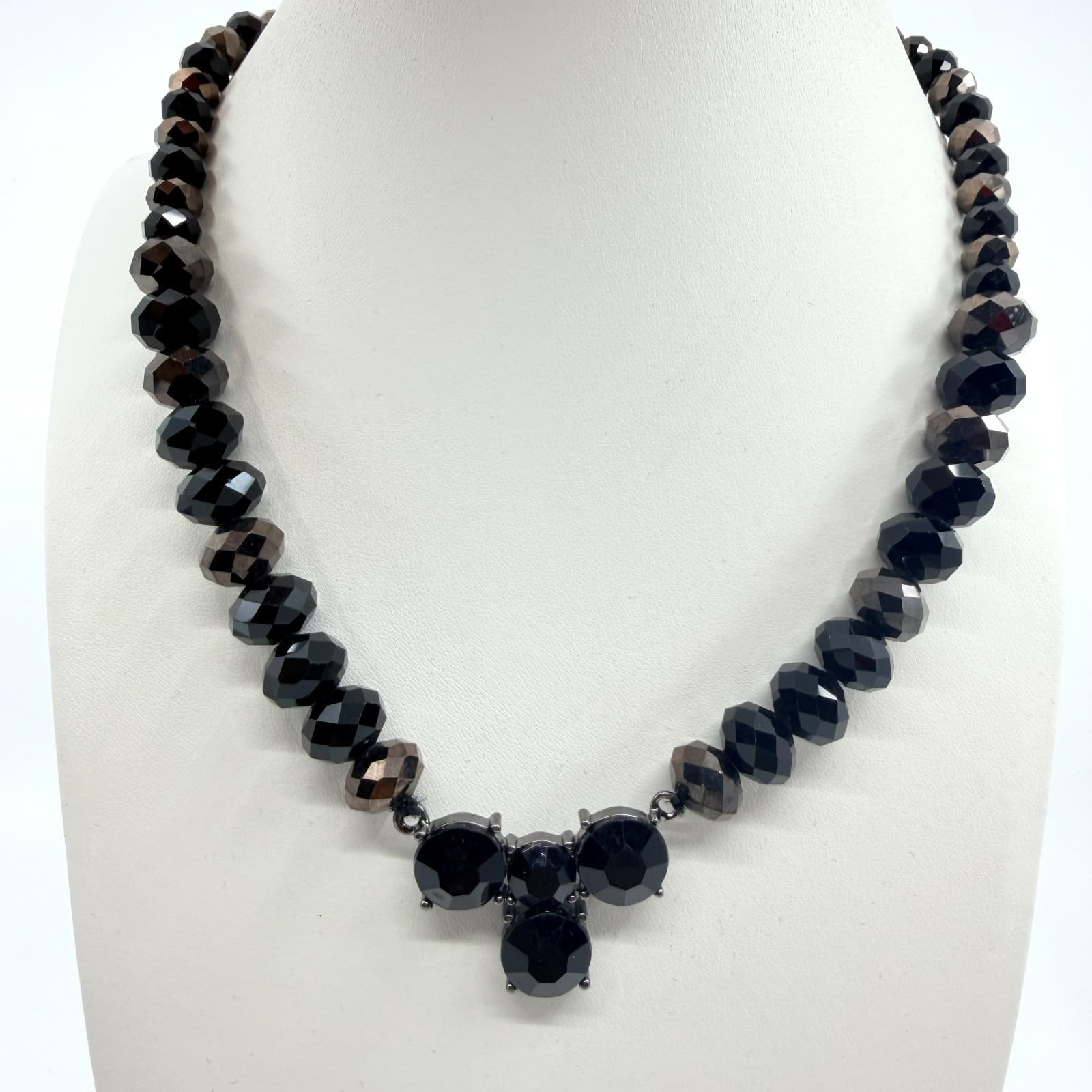 Vintage Black Beaded Statement Necklace Gothic Faceted Glass Stone Boho Retro